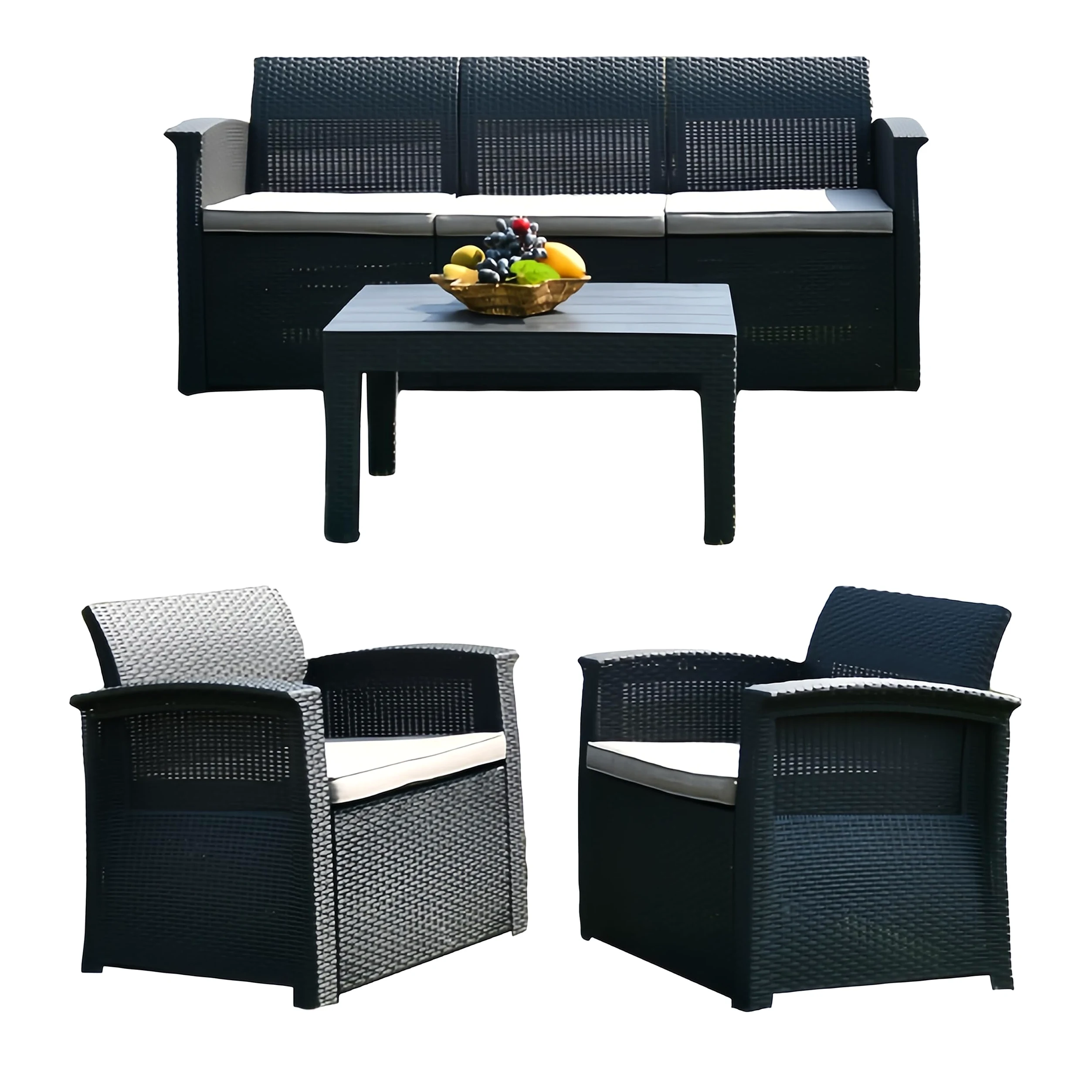 Relaxdays Ensemble Jardin 4 pièces en rotin synthétique, 5 pers., canapé 3 Places, 2 fauteuils et Table, extérieur