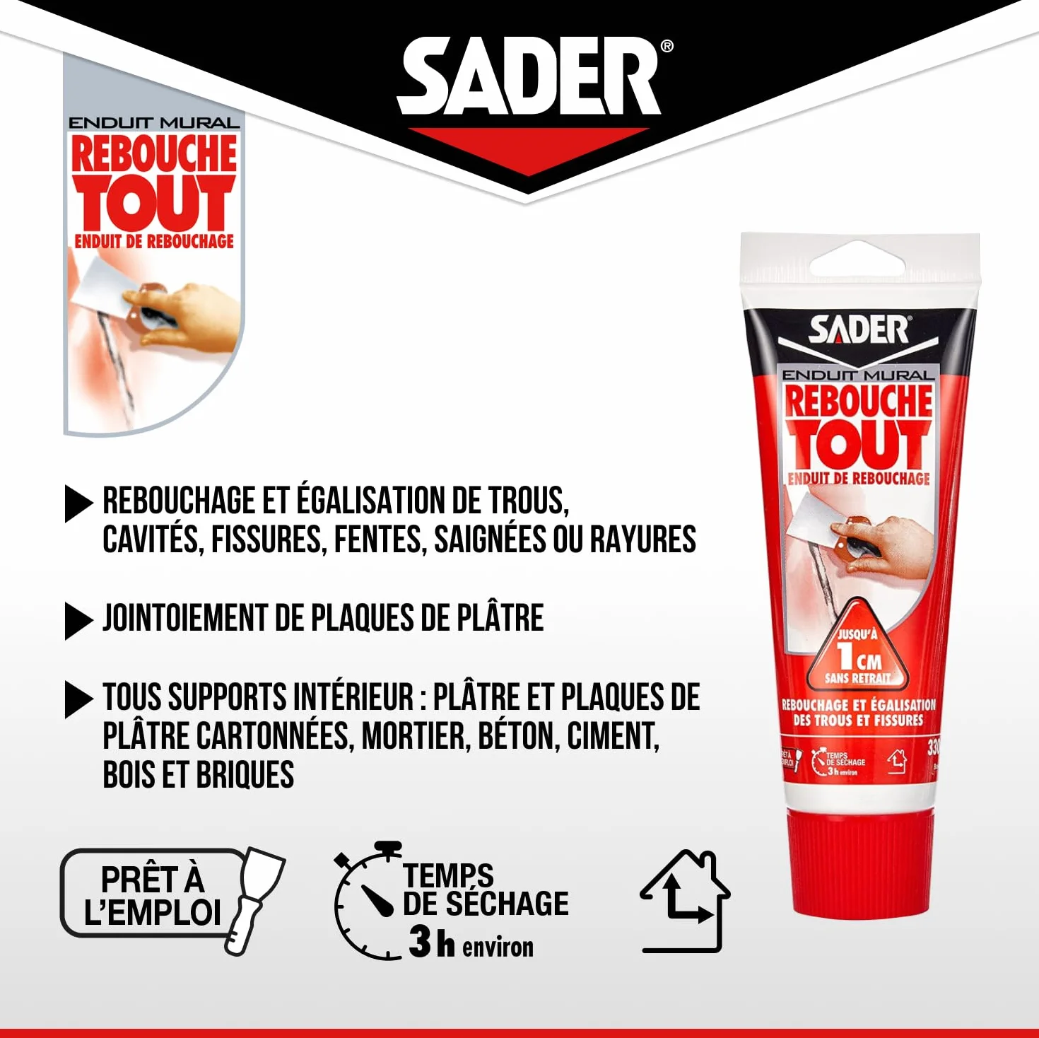 Sader Enduit de Rebouchage Intérieur Prêt à l’Emploi 1 cm 330 g