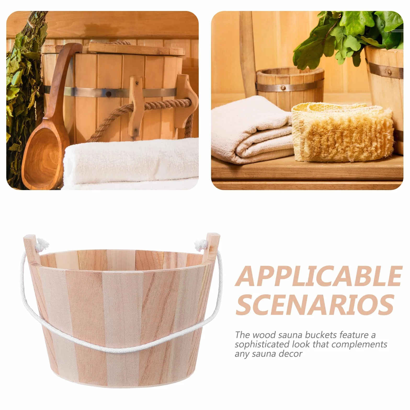 Seau de Sauna en Bois Naturel 5l avec Poignée en Corde pour Sauna Traditionnel