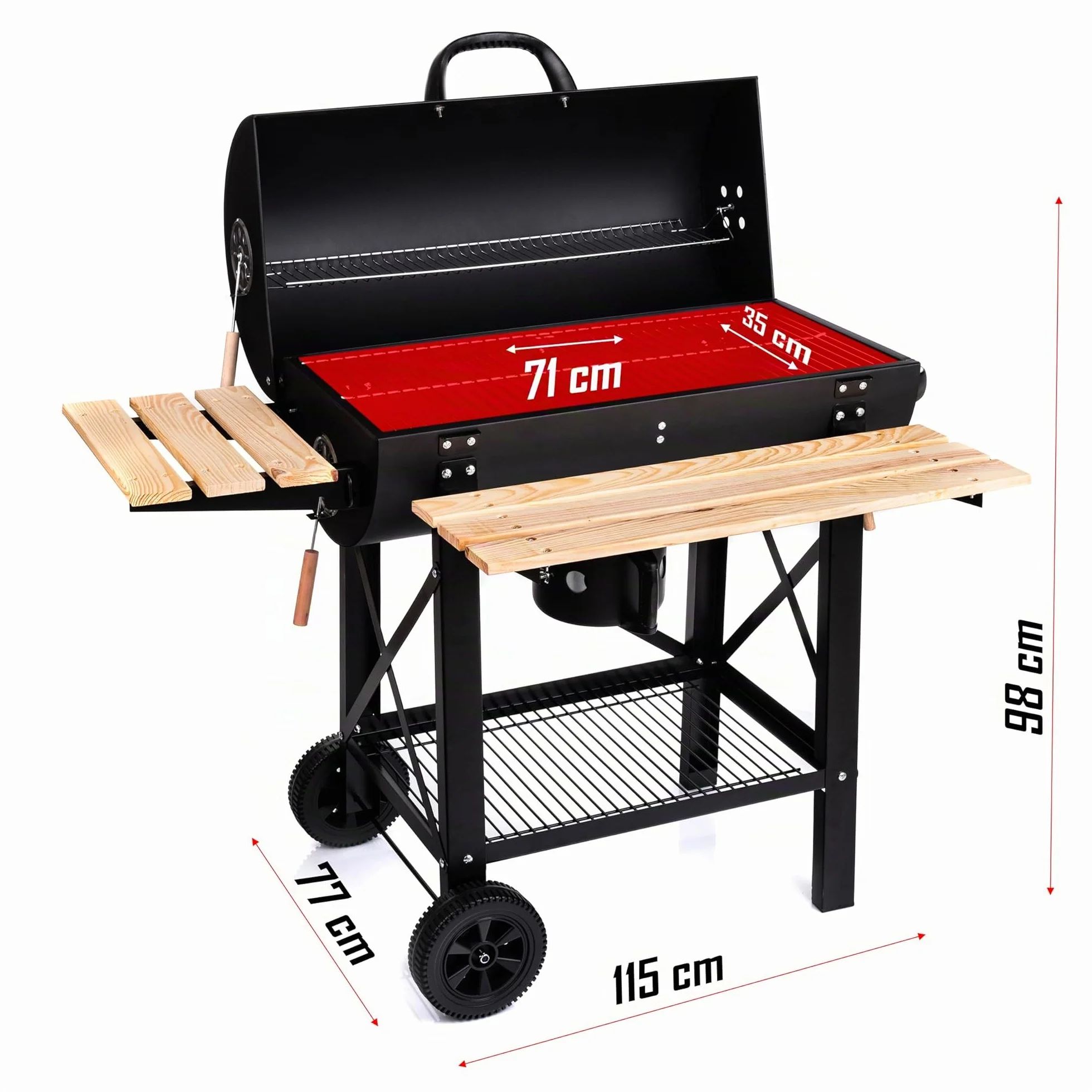 LEHMANN Barbecue Charbon de Bois XL avec Grille de Cuisson, Étagères en Bois, Couvercle, Roulettes