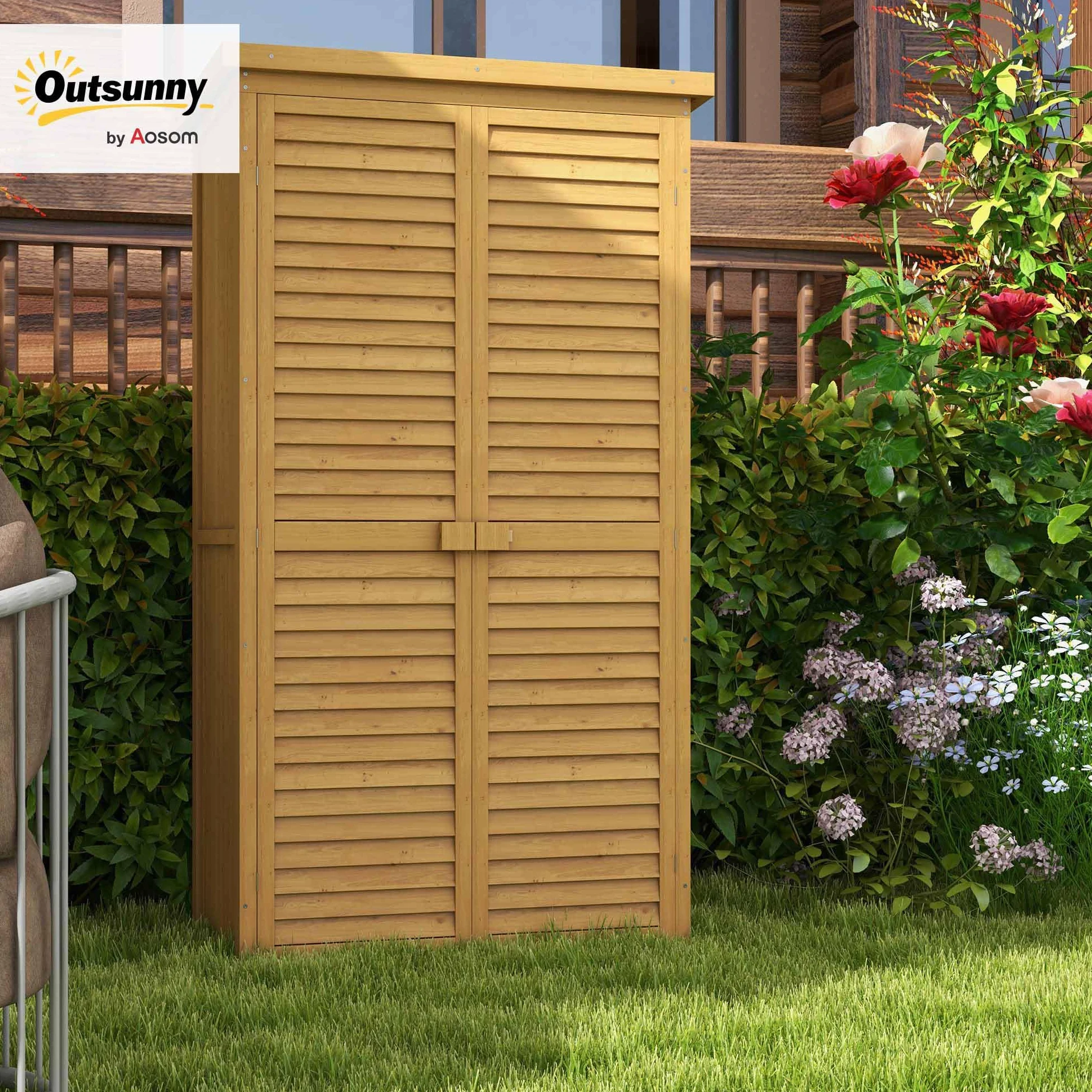 Outsunny Abri de Jardin abri à Outils sur Pied en Bois 2 étagères Portes à Volets Toit en Bitume incliné 87 x 47 x 160 cm Naturel