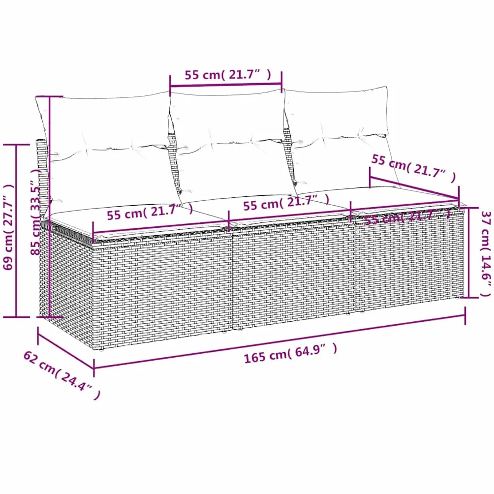 vidaXL Canapé de Jardin avec Coussins 3 Places, Siège avec Housse, Meuble de Terrasse Patio Balcon Cour Extérieur, Gris Résine Tressée