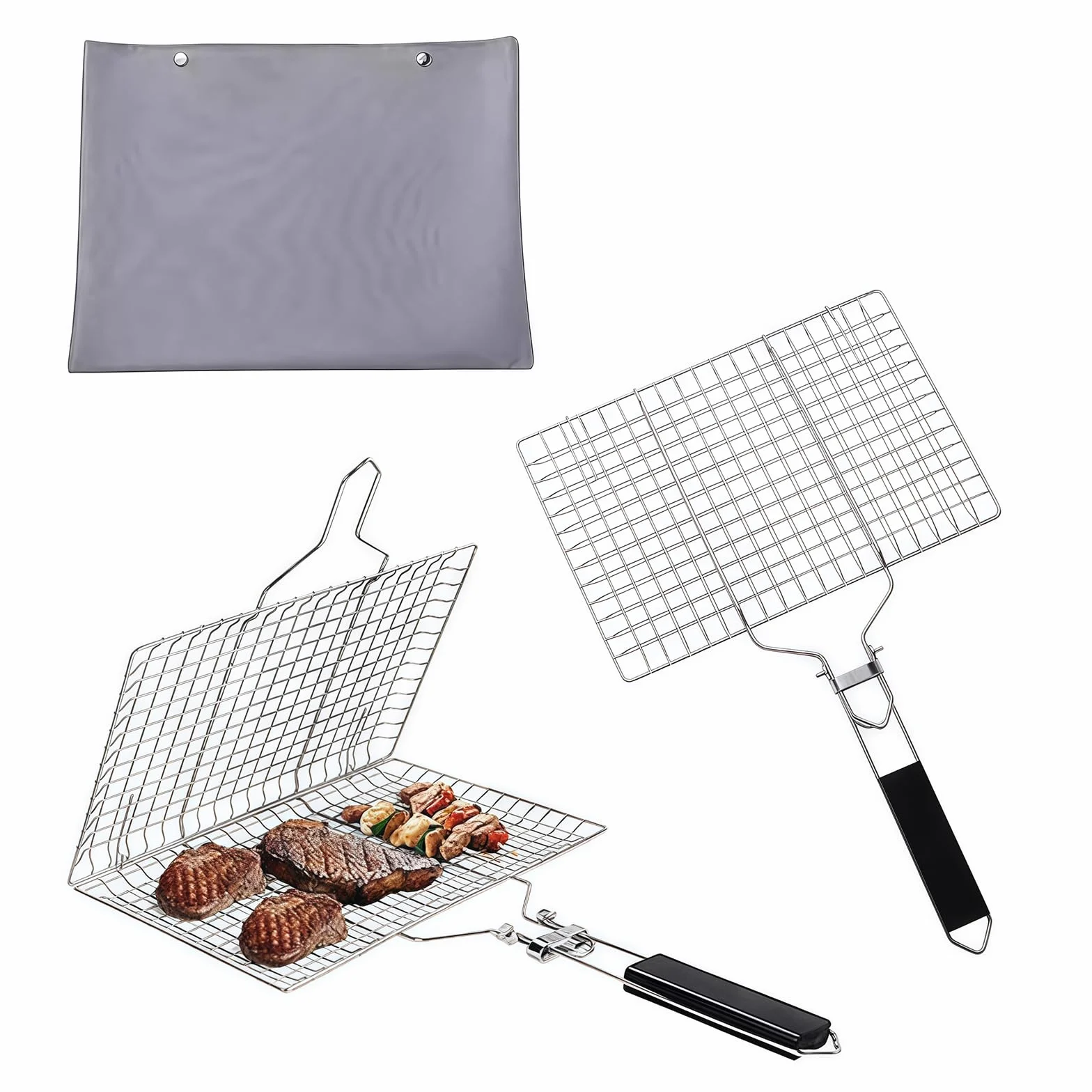 Lot De 2 Paniers De Barbecue Portables, Paniers De Grillades De Poisson Pliables, Paniers De Barbecue Pliables En Acier Inoxydable Avec Poignée En Bois Amovible Pour Poisson Rôti, Brochettes
