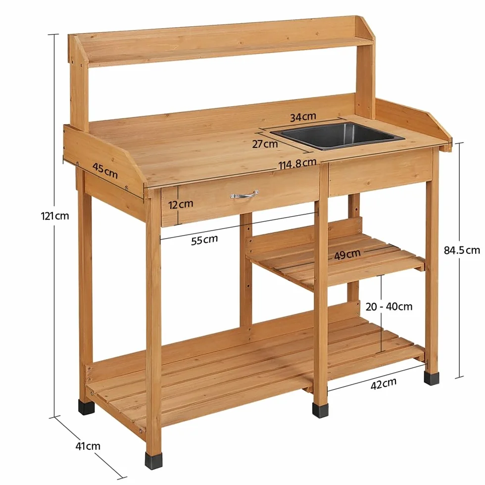 Yaheetech Table de Préparation pour Semis en Bois Plan de Travail avec Tiroirs Amovibles et Etagères de Rangement Couleur du Bois