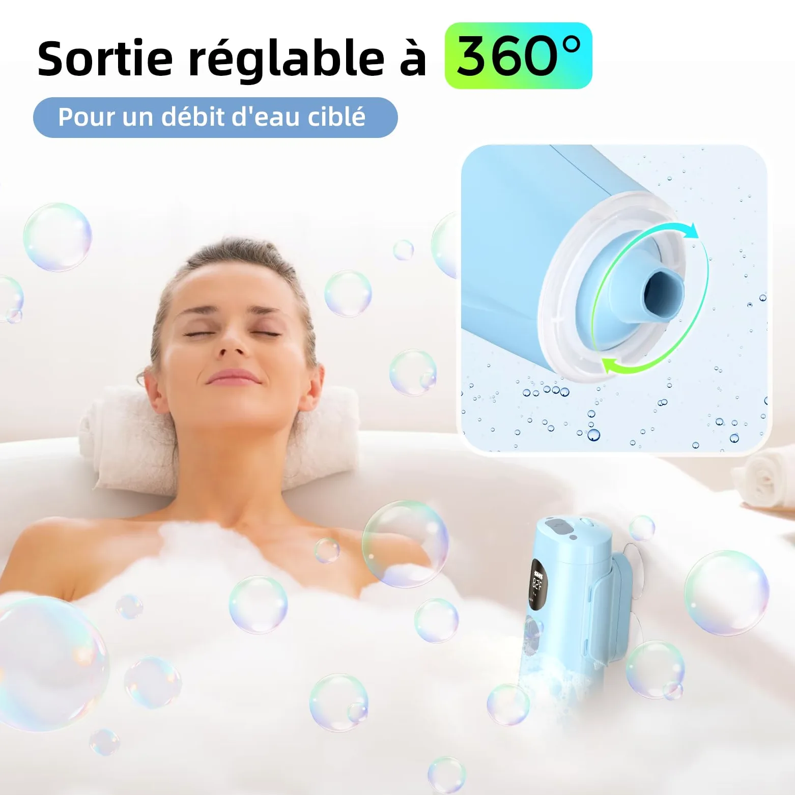 Spa de bain jet avec mode mousse, jet d'eau à 3 niveaux, 7 couleurs RVB, IP67, affichage de la température, plaisir du bain en famille à la maison