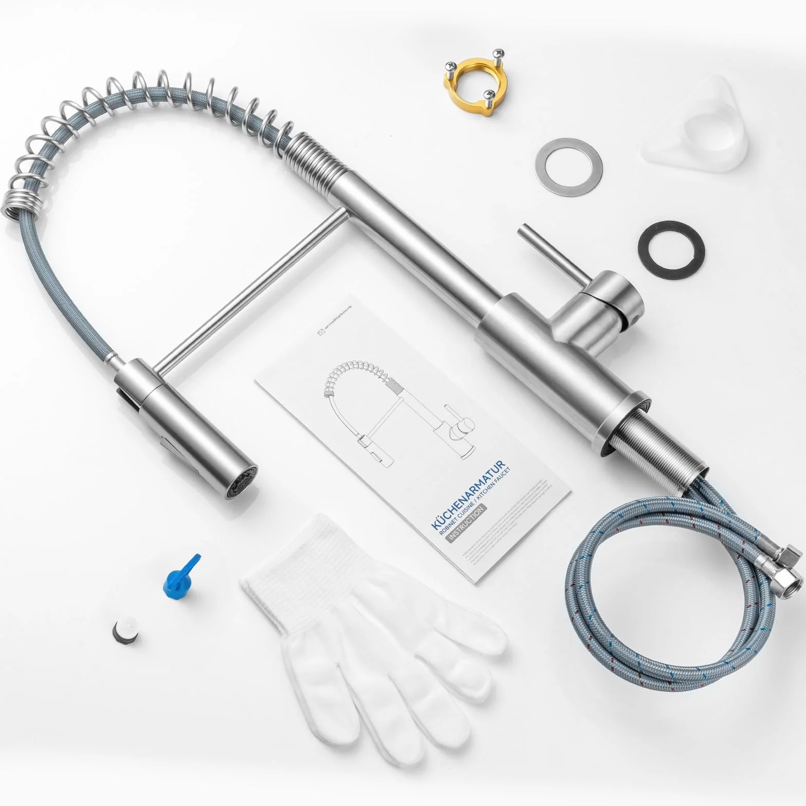 CECIPA Robinet Cuisine Mitigeur Avec Douchette Extractible, Acier Inoxydable Brossé, Arc Élevé Rotatif 360°