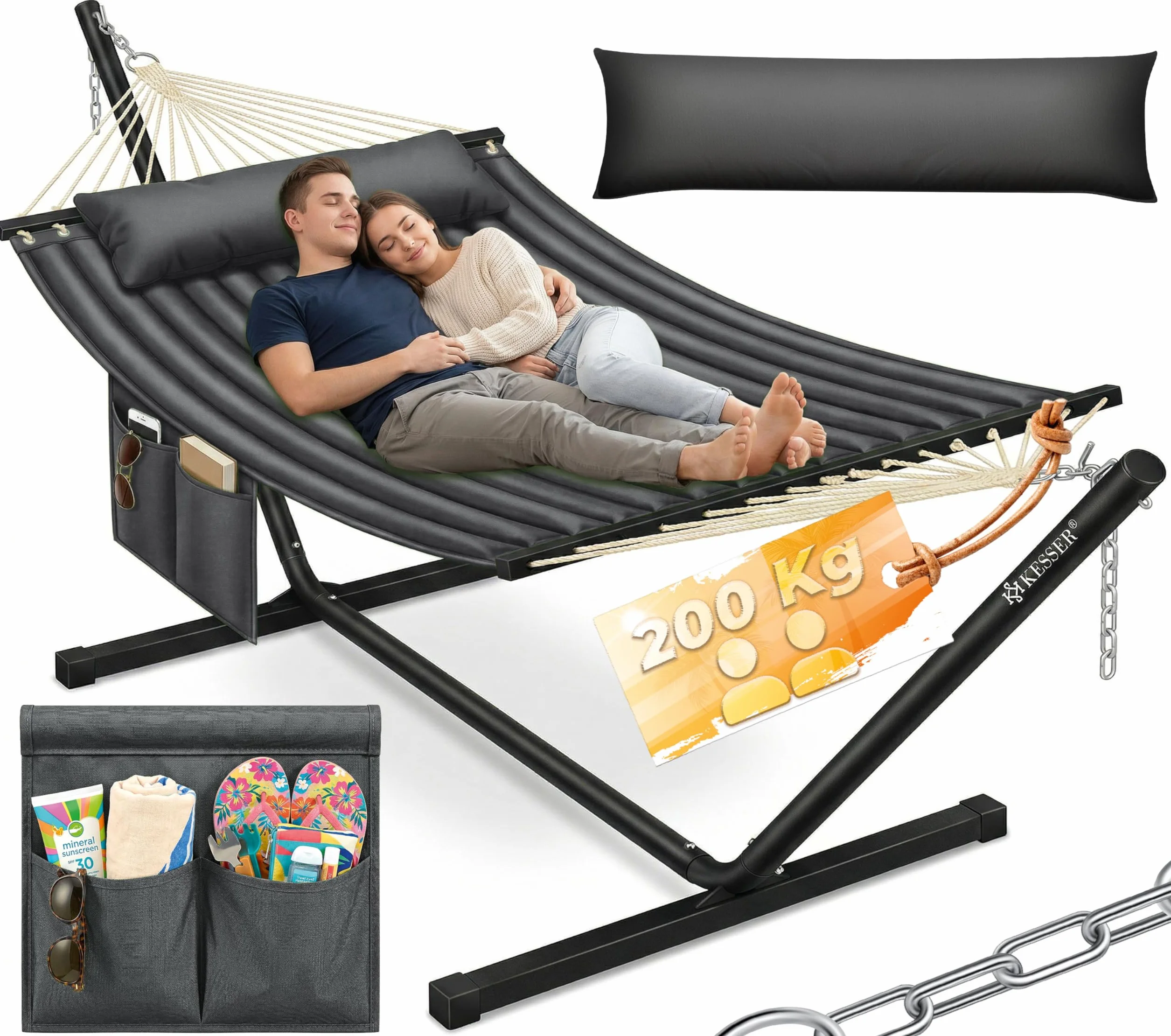 KESSER Hamac Double avec Support Coussin 200 kg Capacité Charge Intérieur Extérieur XXL Fauteuil Suspendu