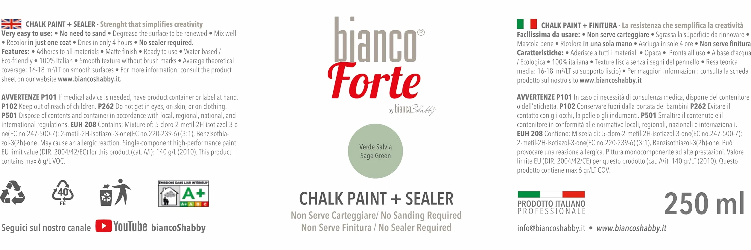 Bianco Forte Peinture à la Craie & Vernis 2-en-1 250ml Vert Sauge Finition Mate Intérieur Extérieur