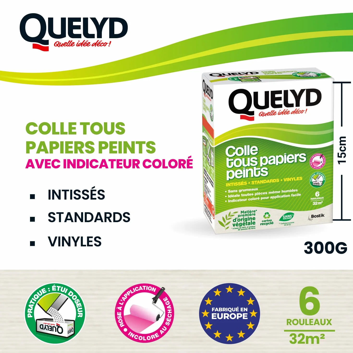 Quelyd Colle Tous Papiers Peints Indicateur Coloré 300 g 6 Rouleaux 32 m²