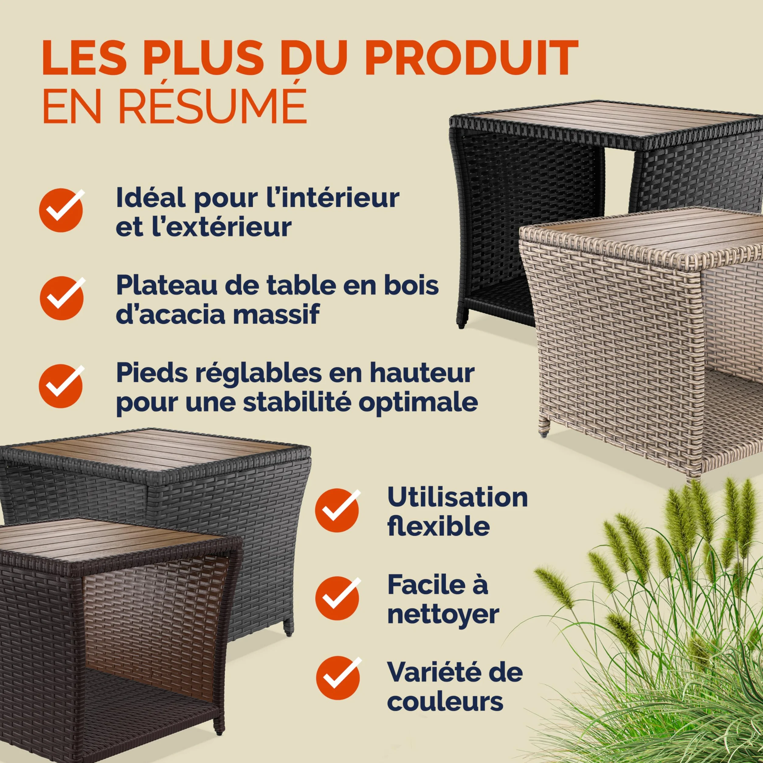 Casaria® Table d'appoint en polyrotin 45x45x40cm crème Plateau en Bois d'acacia Petite Table Basse Jardin Balcon