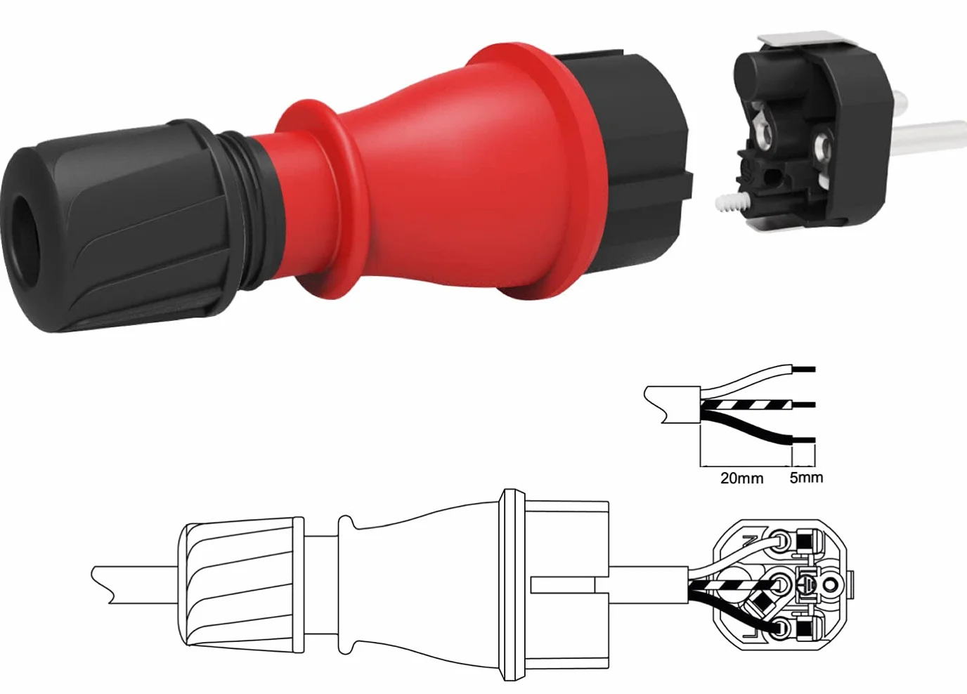 Electraline Fiche mâle étanche IP54 Caoutchouc Polycarbonate Rouge avec Bague de Blocage