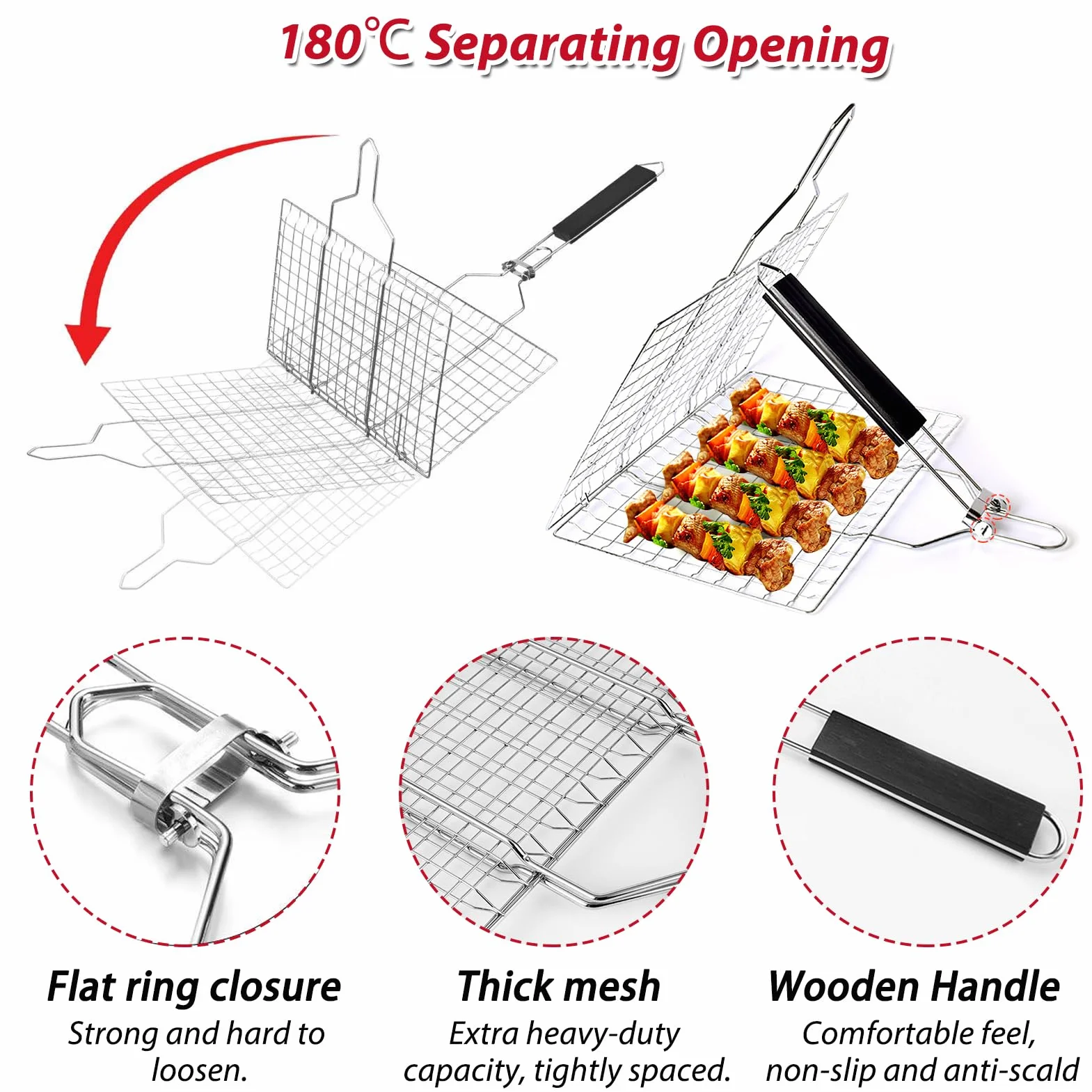 PNOOFR Panier Grille pour Barbecue, Grille Barbecue, Plat Cuisson Barbecue en Acier Inoxydable avec poignée, Support de Barbecue Portable pour l'extérieur avec Brosse à Badigeonner