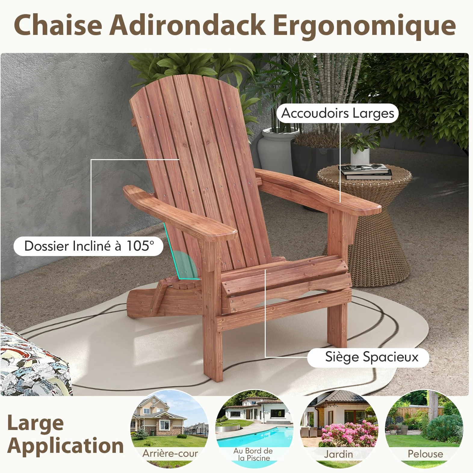 GOPLUS Lot de 2 Chaises Adirondack, Chaise d'Extérieur Pliable avec Cadre Bois Massif, Dossier Incurvé et Accoudoirs Larges, Max. 180 Kg, pour Terrasse, Jardin, Piscine (89 x 71 x 94 cm,Naturel)