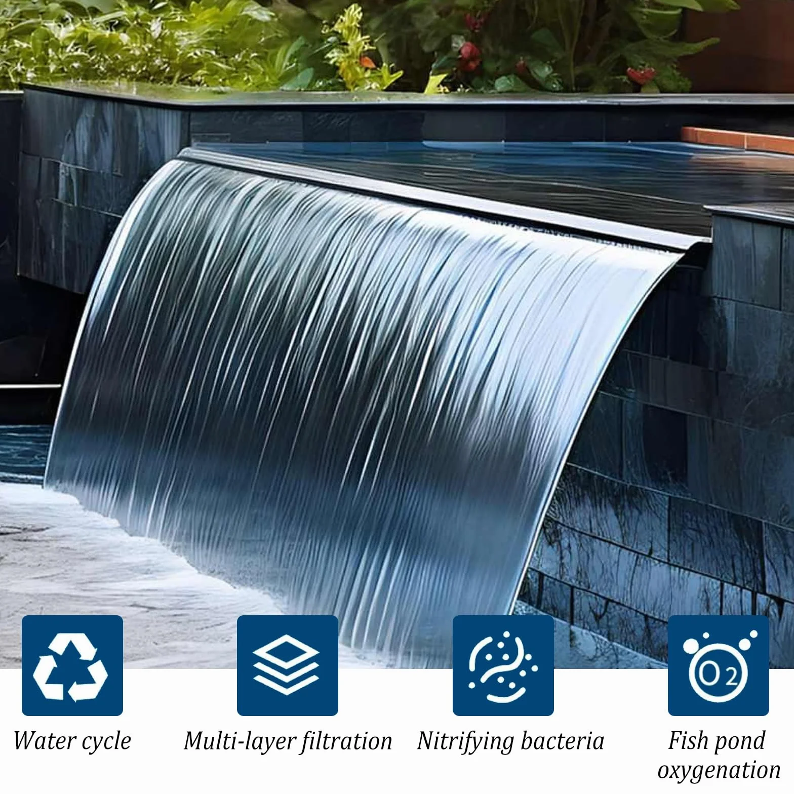 Cascade bassin acier inoxydable 30 cm pompe 45W 3000 L/h ensemble complet