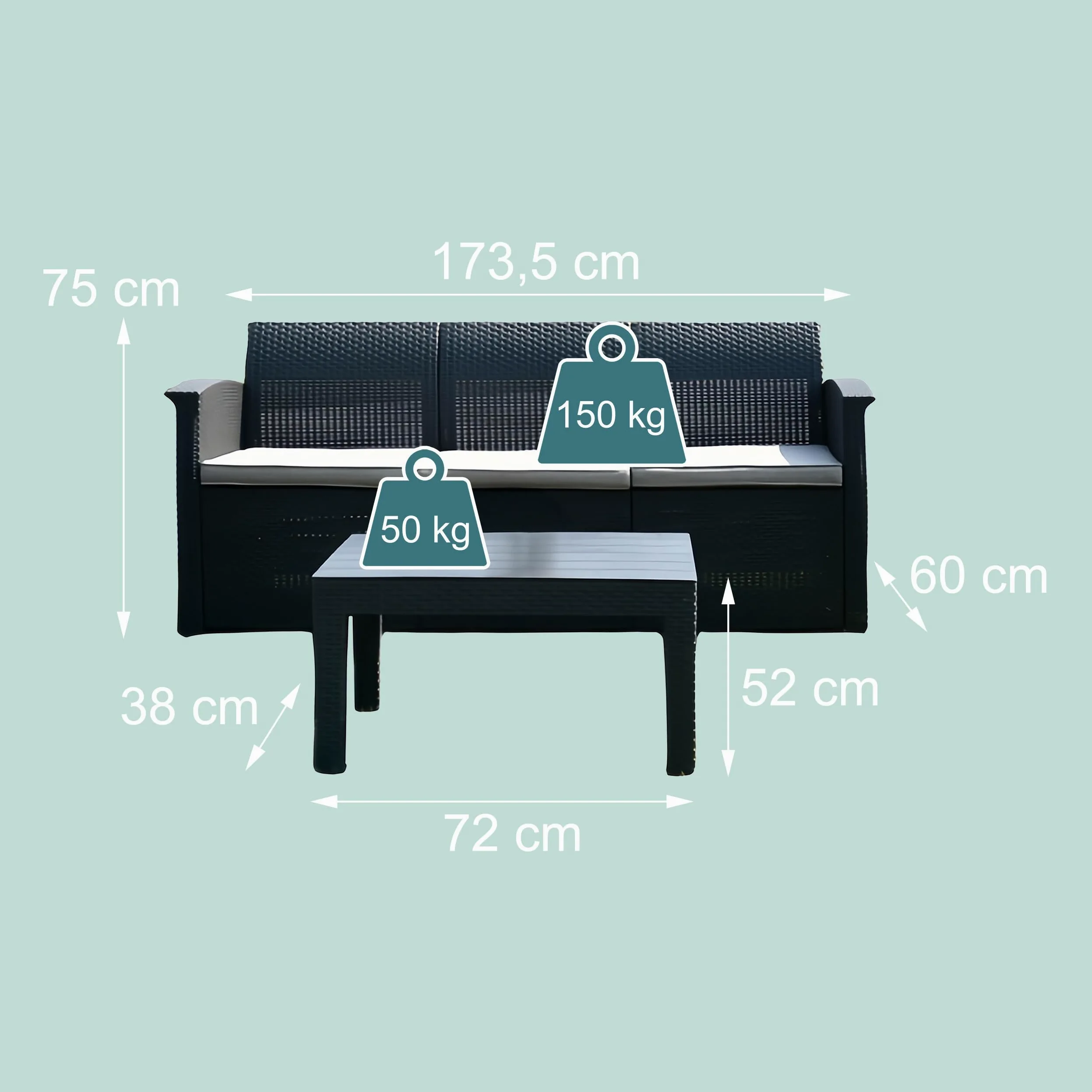 Relaxdays Ensemble Jardin 4 pièces en rotin synthétique, 5 pers., canapé 3 Places, 2 fauteuils et Table, extérieur