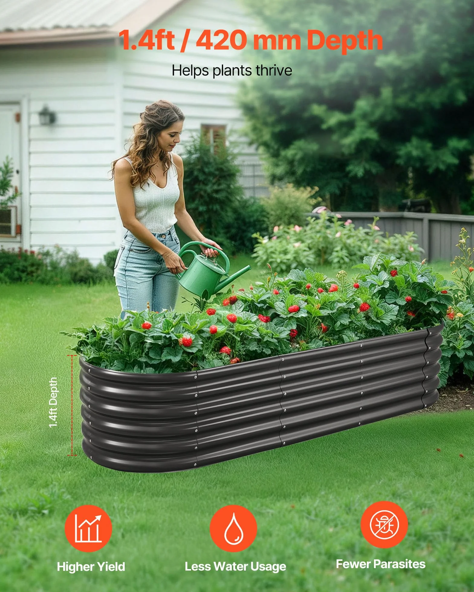 VEVOR Potager Surélevé Métal 200x60x42 cm Carré Galvalume Lit de Jardin Ovale Bac de Jardinage Fond Ouvert Gris Foncé