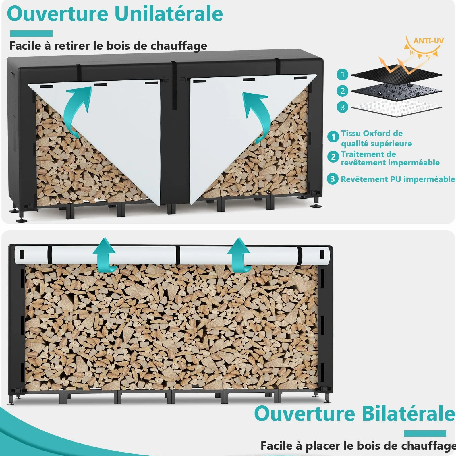 Himimi Porte-Bûches Extérieur Réglable 235 x 25 x 116 cm Capacité 1,2 m³ Support Bûches avec Housse Imperméable