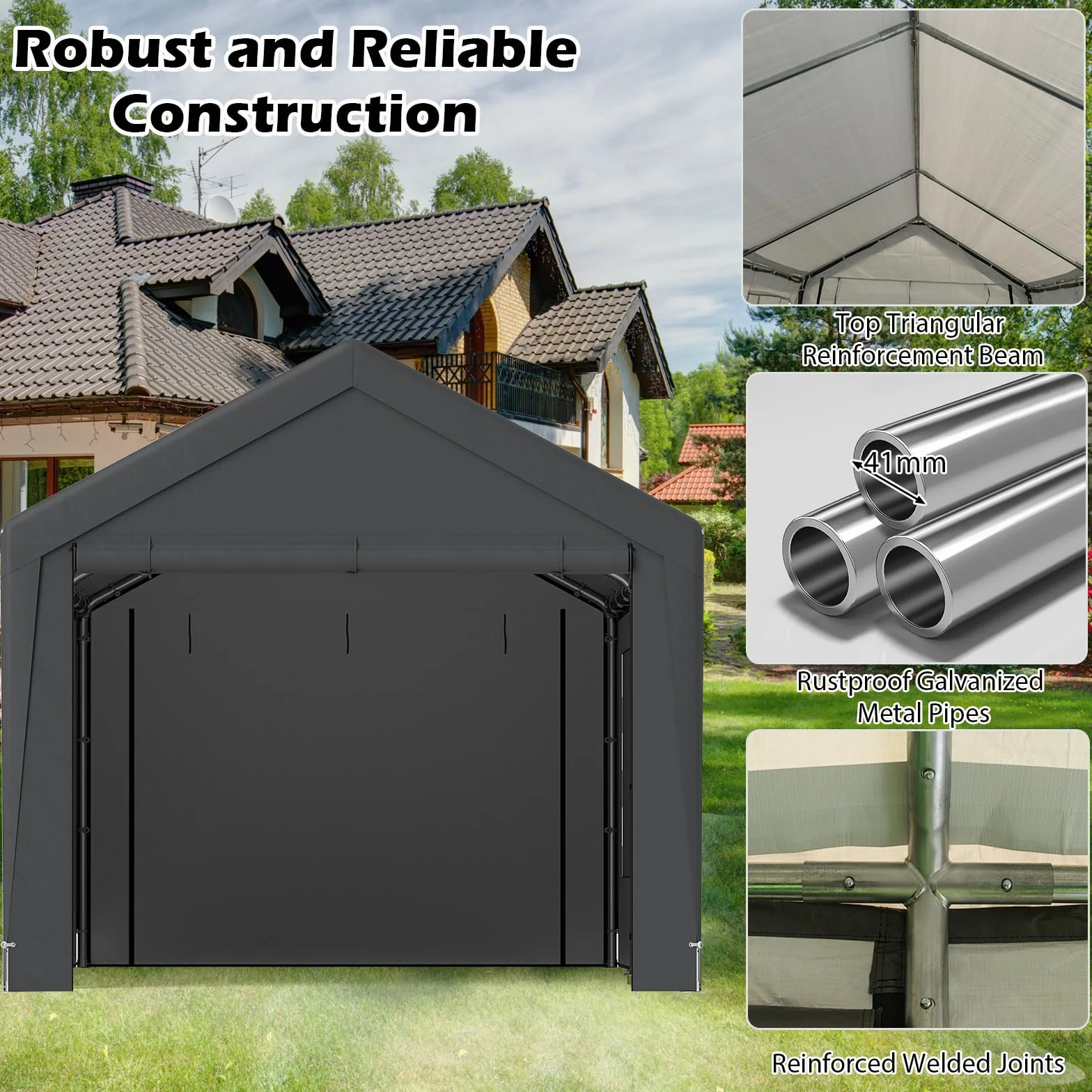 SOARS Carpot Abri Voiture 300 X 595 X 280 CM, Tente Garage, Abri Voiture Extérieur avec Cadre en Métal et Couverture PE Résistante aux intempéries, pour Fête, Voiture, Vélo, Moto, Outils, Gris