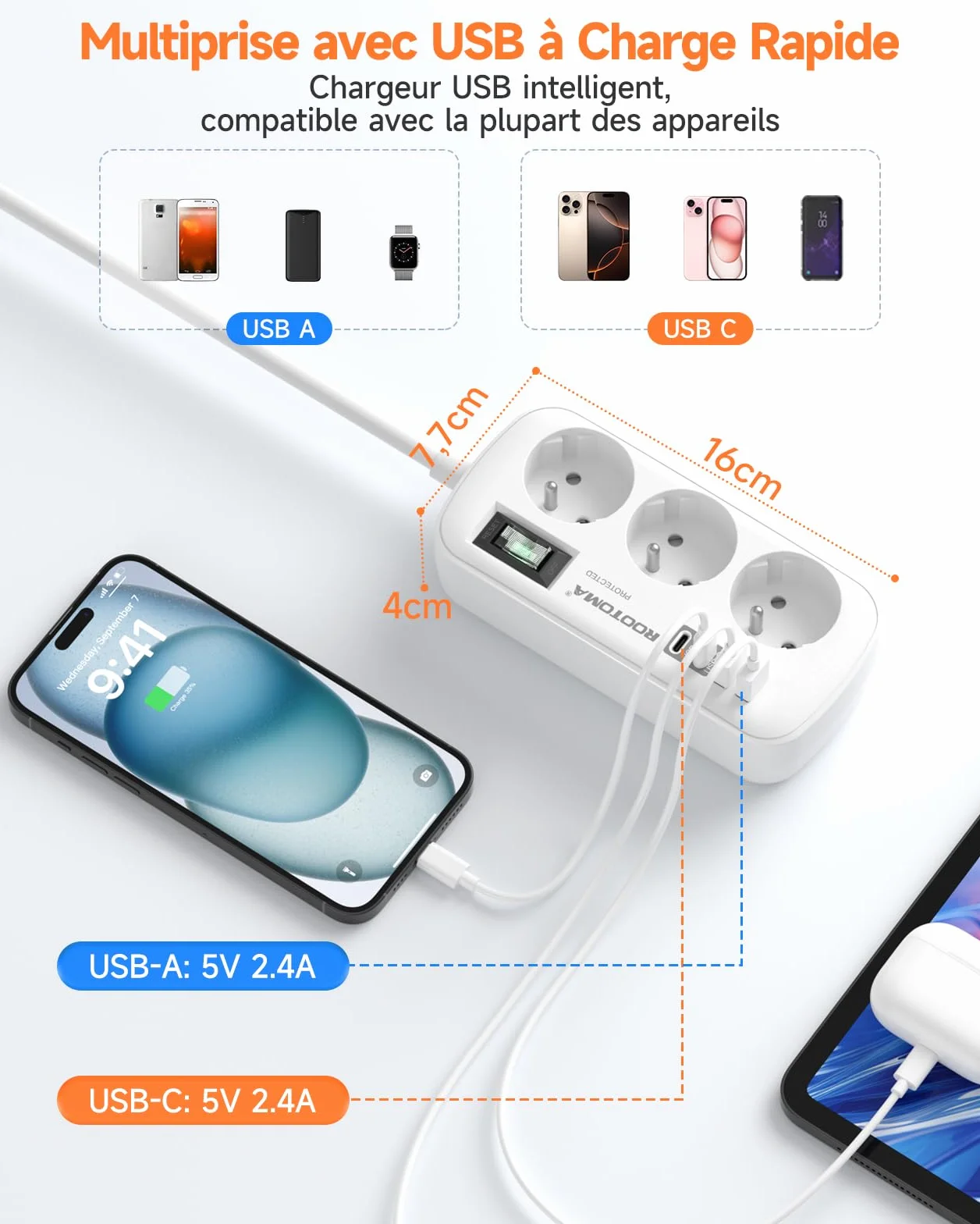 Multiprise 3 Prises 4 USB 2 USB-C Parafoudre Surtension Interrupteur Câble 1,5 m Fixation Murale Blanc 16A 4000W