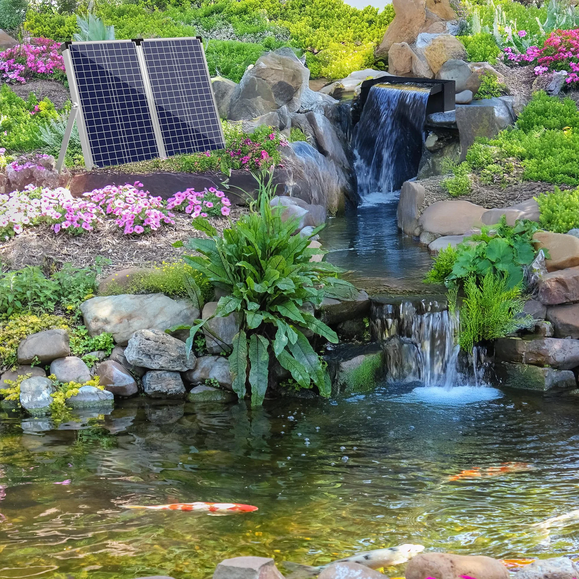 Kit de cascade solaire pour bassin 70 W 30 cm acier inoxydable pompe à trop-plein
