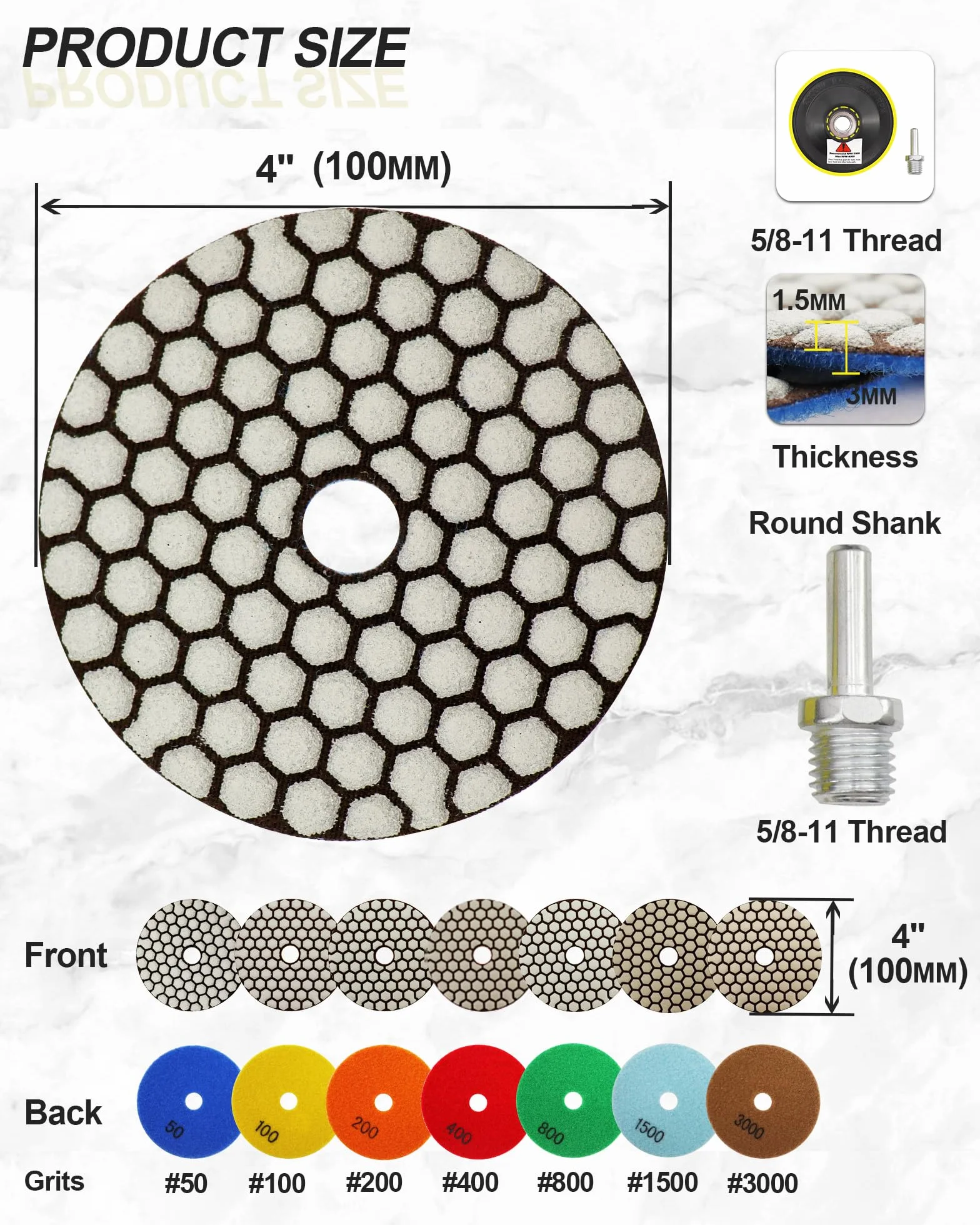 Disque Diamant Polissage 4" 100mm 8 Pièces Grain 50 100 200 400 800 M14 Support Pads pour Granit Marbre Pierre Meuleuse D'angle