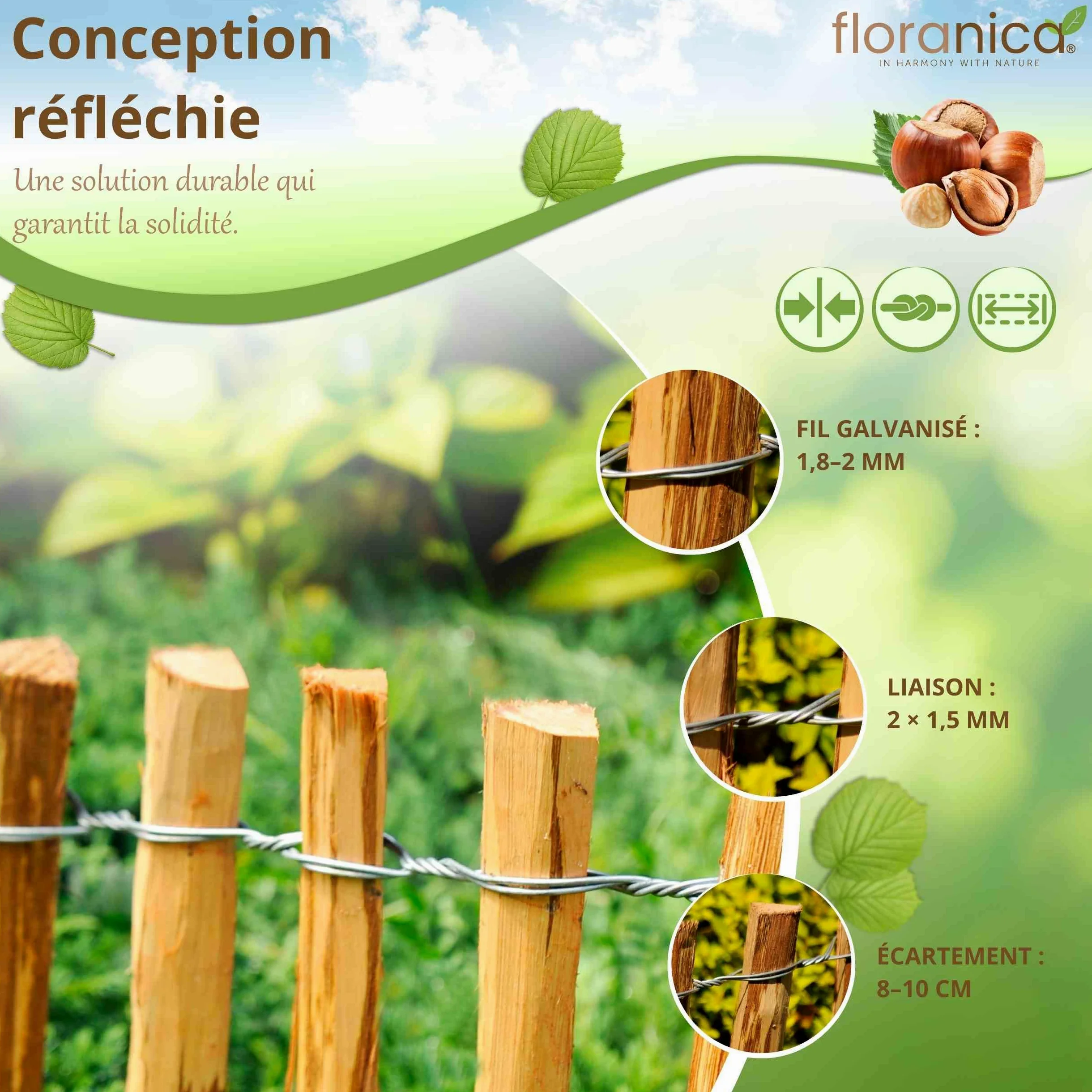 Floranica clôture en noisetier châtaignier 10 m x 50 cm de hauteur, écart entre les lattes 8-10 cm, bordure de jardin