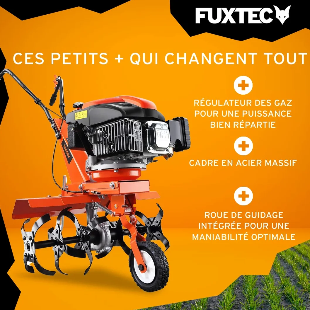 Fuxtec Motobineuse Thermique FX-AF1139 Set Motoculteur Essence Moteur 4 Temps 139cm3 2,2kW avec Extension De La Largeur De Travail De 36 à 66cm Cultivateur Profondeur Réglable Jusqu’à 30cm