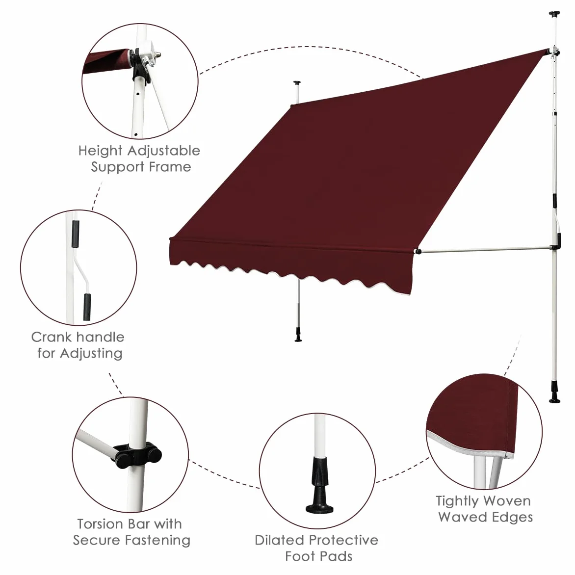 HOMASIS Store à Serrage 150/200/250/300/350/400 cm, Protection Solaire réglable en Hauteur sans perçage, auvent avec manivelle, Store banne Manuel à Bras articulé, pour l'extérieur (Rouge, 2m)
