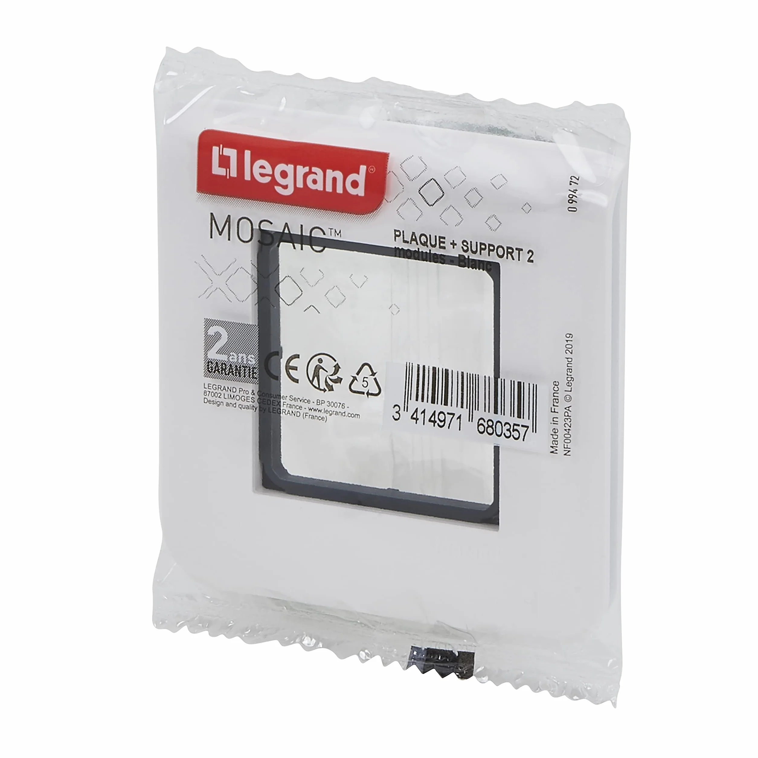 LEGRAND Plaque Mosaic Avec Support Fixation À Vis 2 Modules Blanc Brillant Montage Encastré