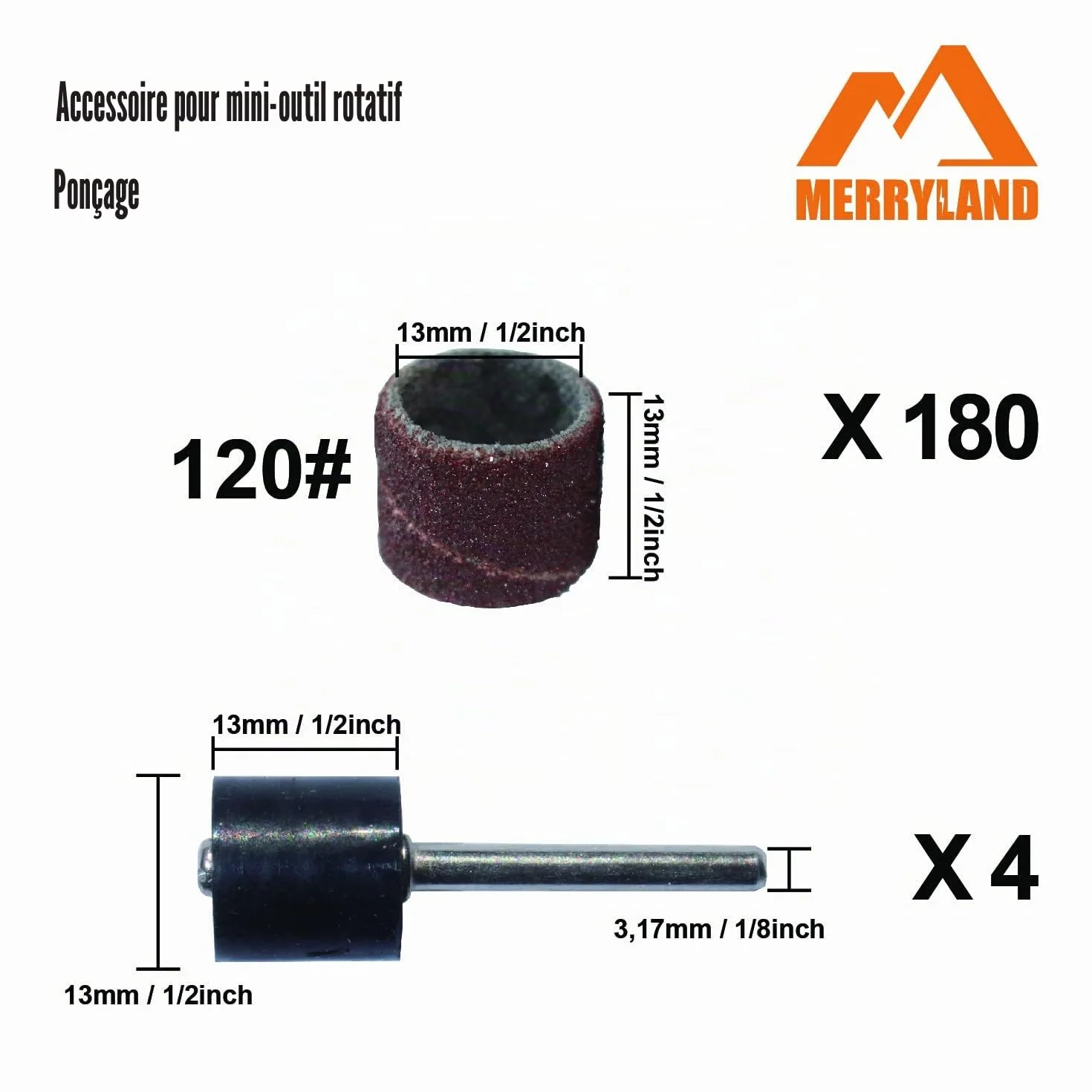 Merryland Tambour de Ponçage pour Dremel 184pcs, Bande de Ponçage 120# 13mm 180pcs, Manchon de Ponçage Outils Rotatifs