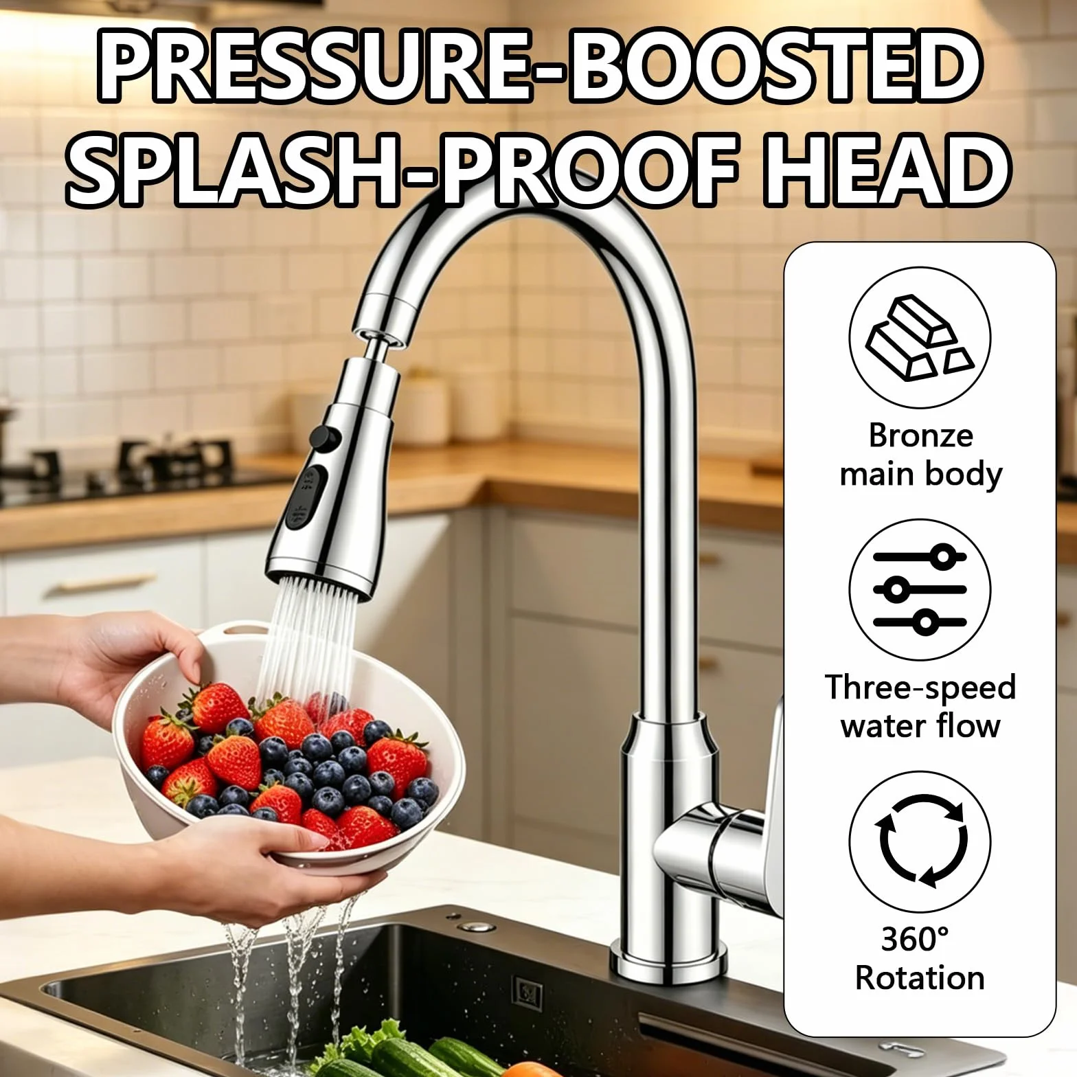 Douchette Évier Cuisine Robinet 360° Rotatif 3 Modes Jet Prolongateur Aérateur Inox Économiseur d’Eau
