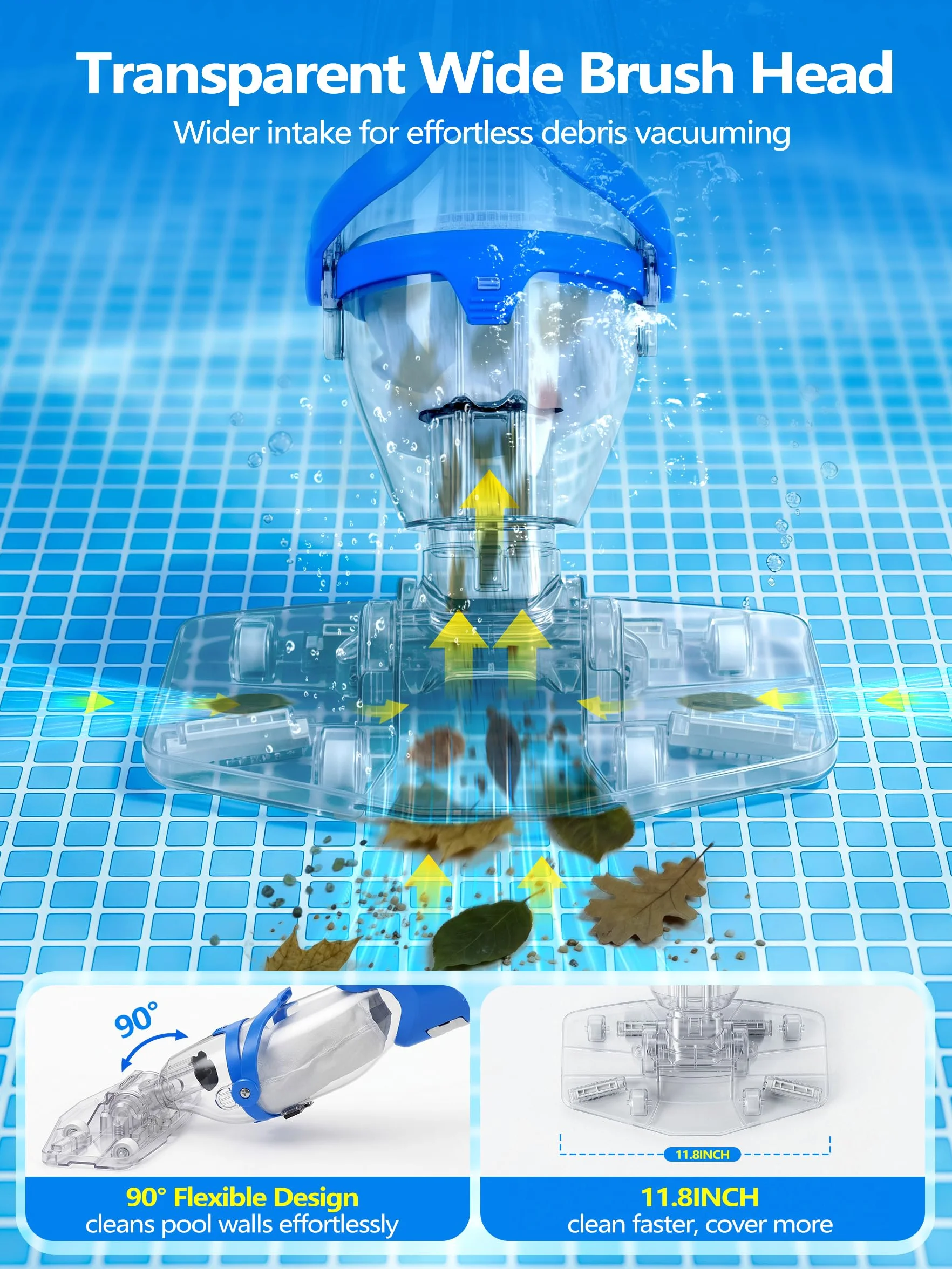 LanOcean Aspirateur Piscine Hors Sol, 2 Modes Aspirateurs Piscines Batterie Débit 4300 L/H, Manuel Aspirateur Piscine sans Fil avec Tige Télescopique, Autonomie 70min Aspirateurs Balai Piscines Spas