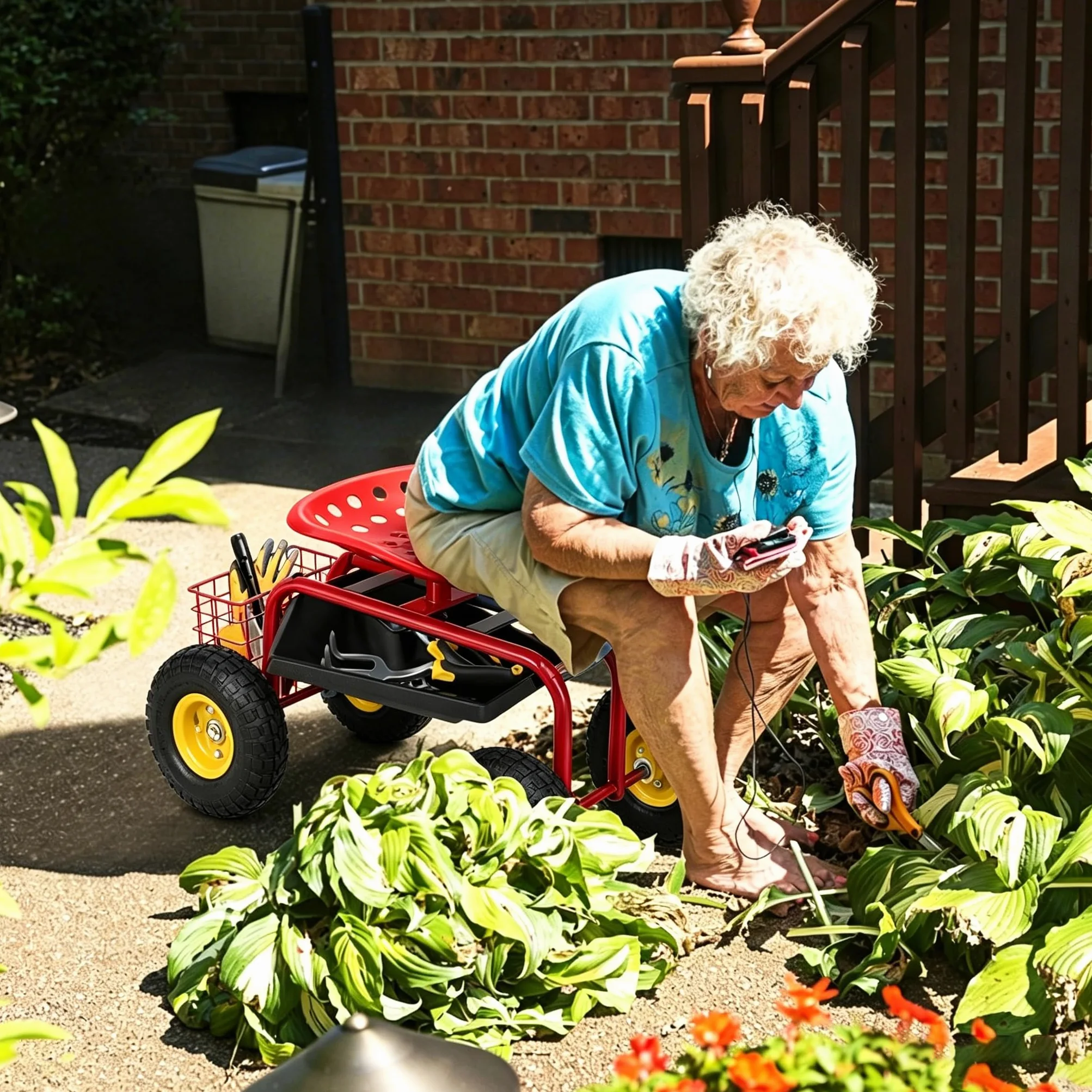 SOARS Siège Roulant de Jardin Pivotant à 360° et Réglable en Hauteur de 46 à 53 CM, Tabouret de Jardinage avec Étagère et Panier, Charge Maximale 150 KG, pour Jardinage et Entretien (Rouge)