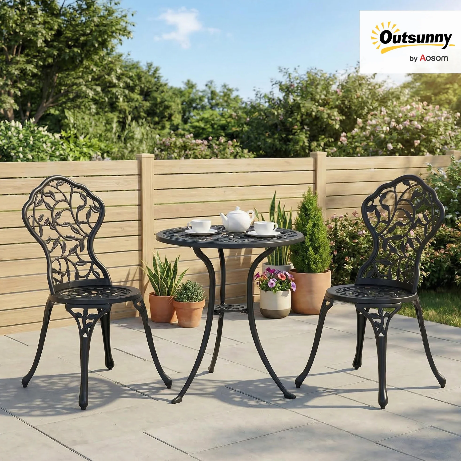 Outsunny Ensemble de bistrot 3 pièces Fonte Aluminium Table Ronde Noir Jardin extérieur