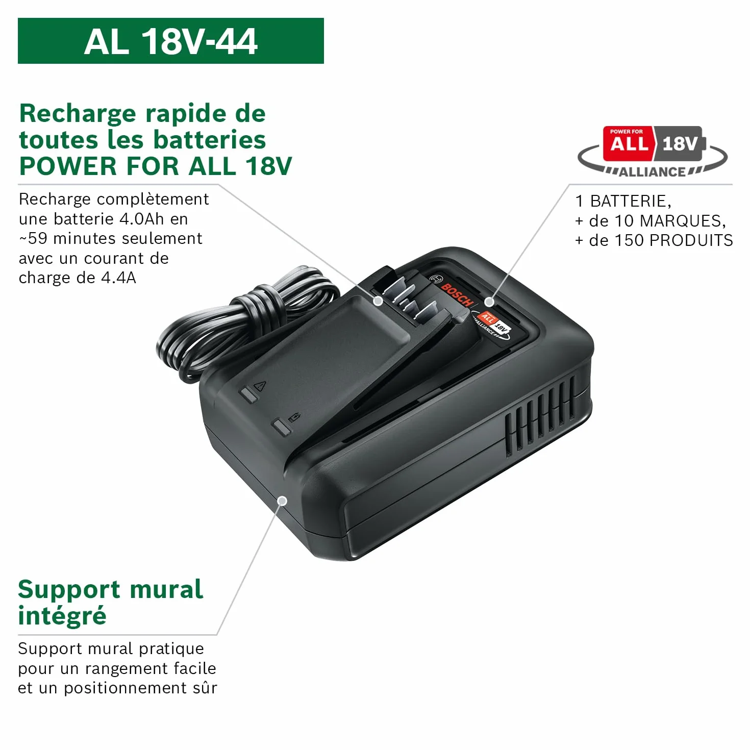 Bosch Chargeur Rapide AL 18V-44 18V Système 2,0-6,0 Ah avec Support Mural