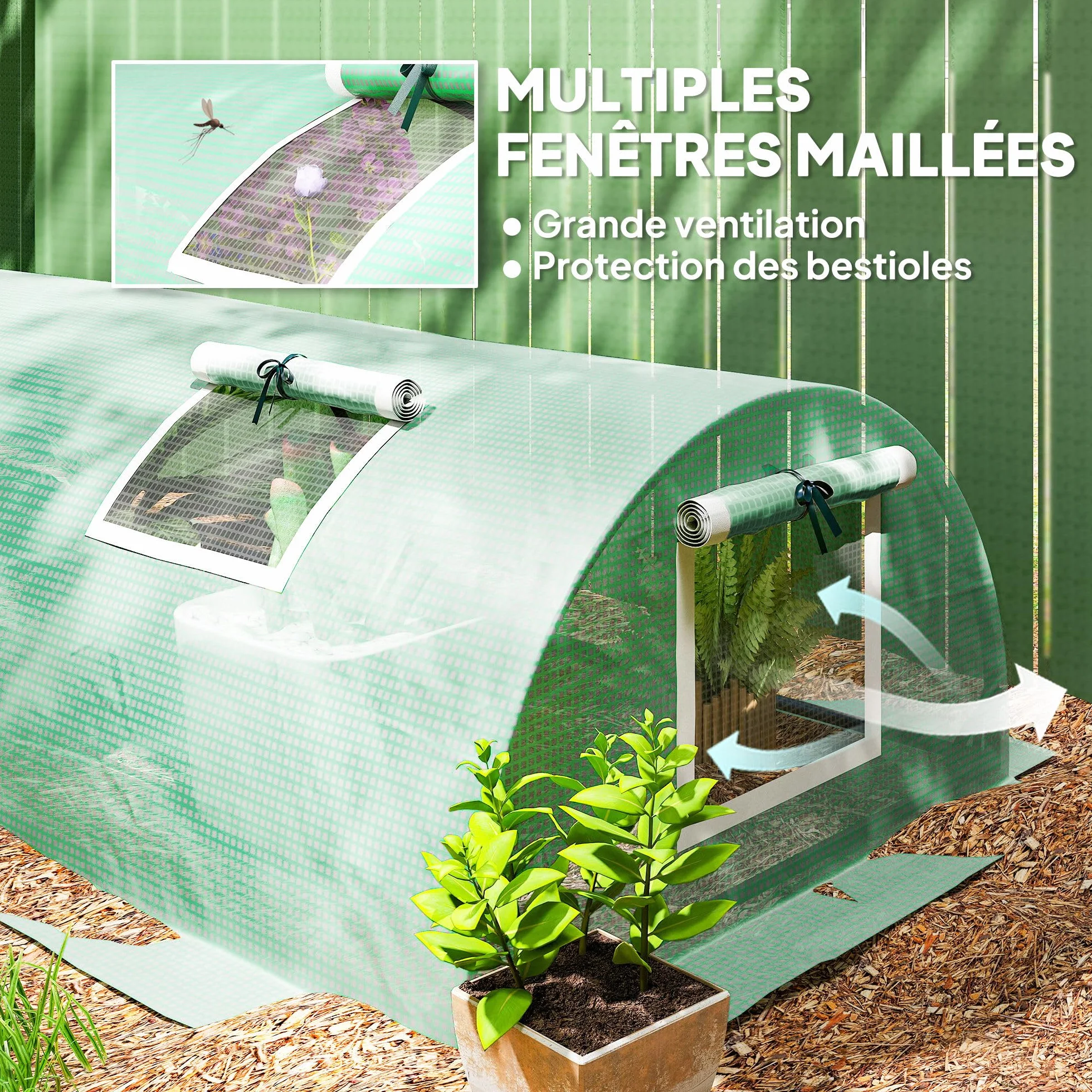 Outsunny Mini Serre de Jardin Mini Serre Tunnel à tomates 300 x 80 x 45 cm Acier PE Haute densité 140 g/m² Anti-UV 5 Portes en Filet enroulables Vert