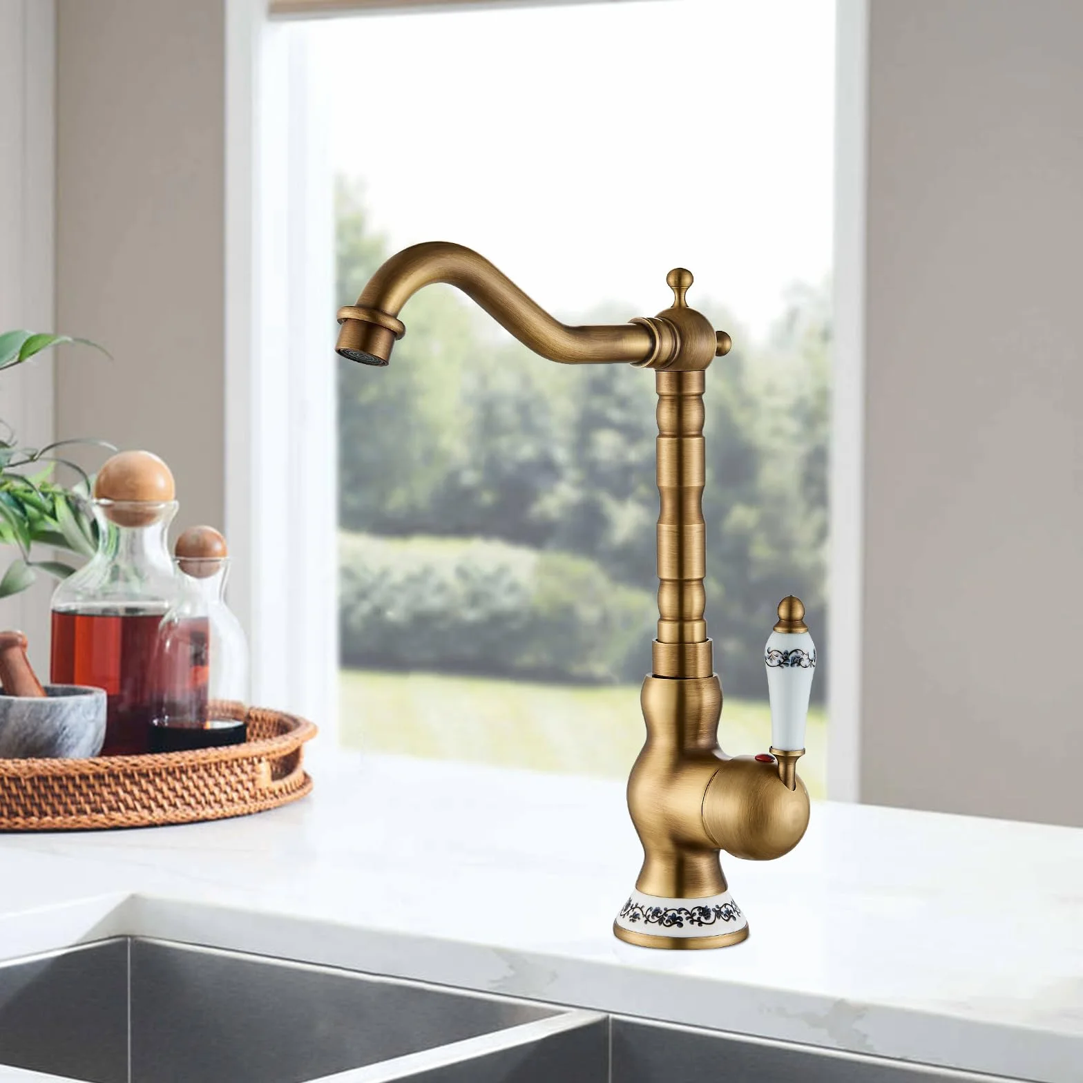 Robinet Mitigeur Cuisine Salle de Bains Cuivre Antique Levier Unique Bec Pivotant Style Rétro