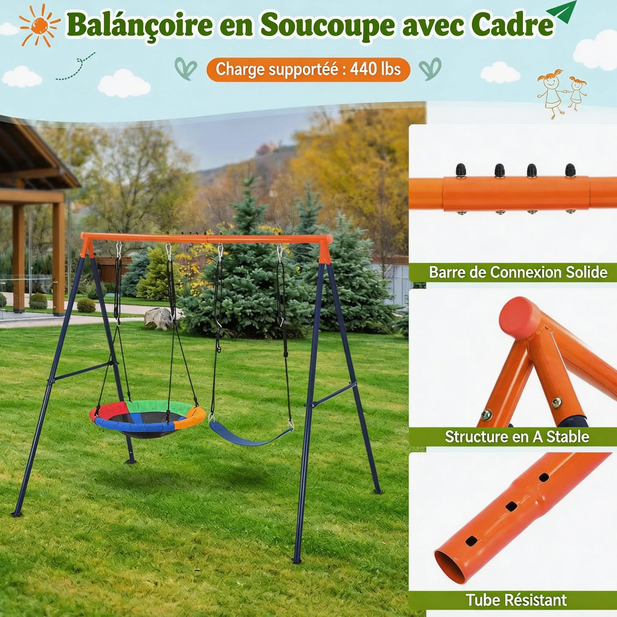 Portique Balançoire Extérieur Kit 2 Sièges Réglables Cadre Métal 250 kg Adulte Enfant