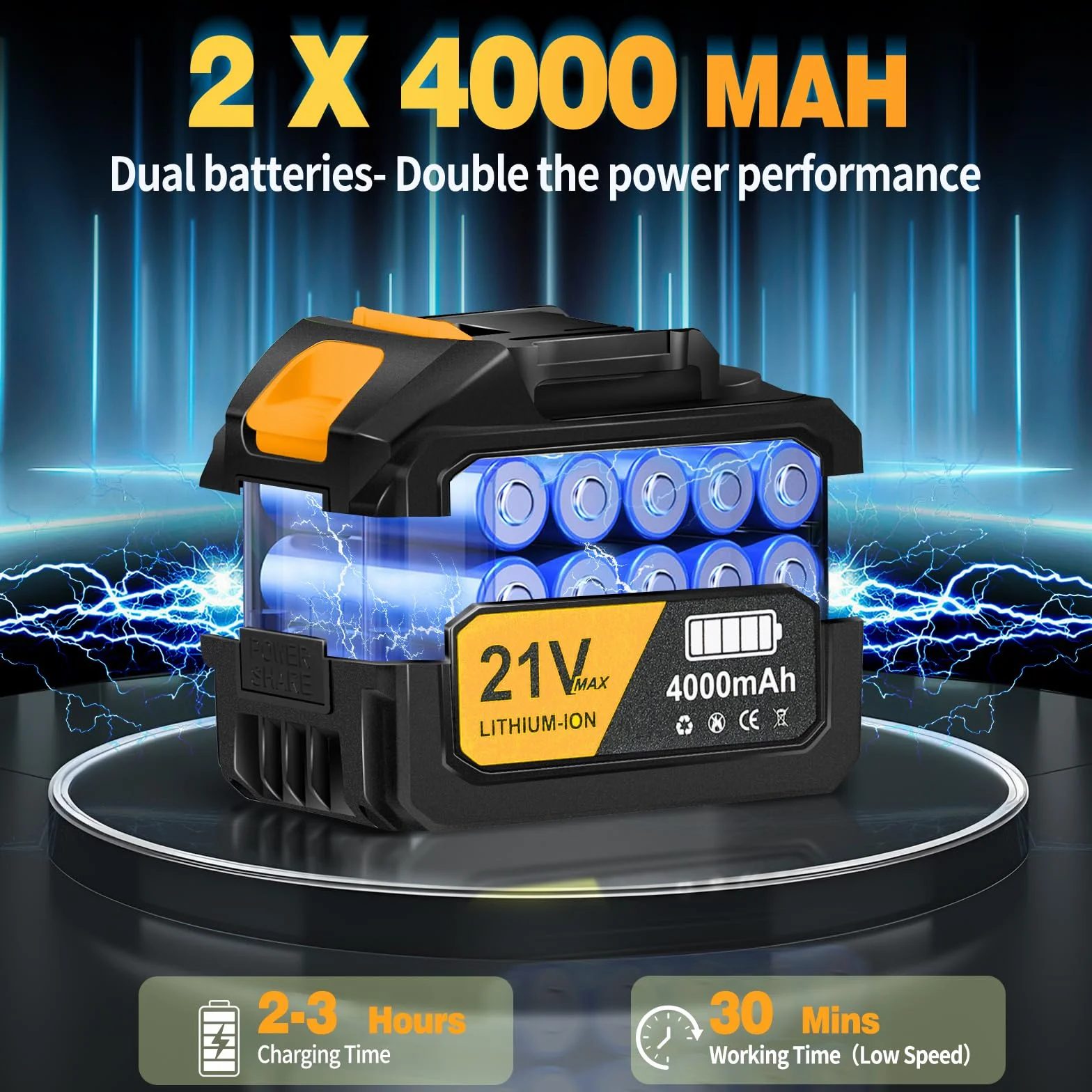 Souffleur sans Fil 2× Batteries 4000 mAh 800000 TR/Min Vitesse d'air 65 m/s avec Boîte à Outils Jaune