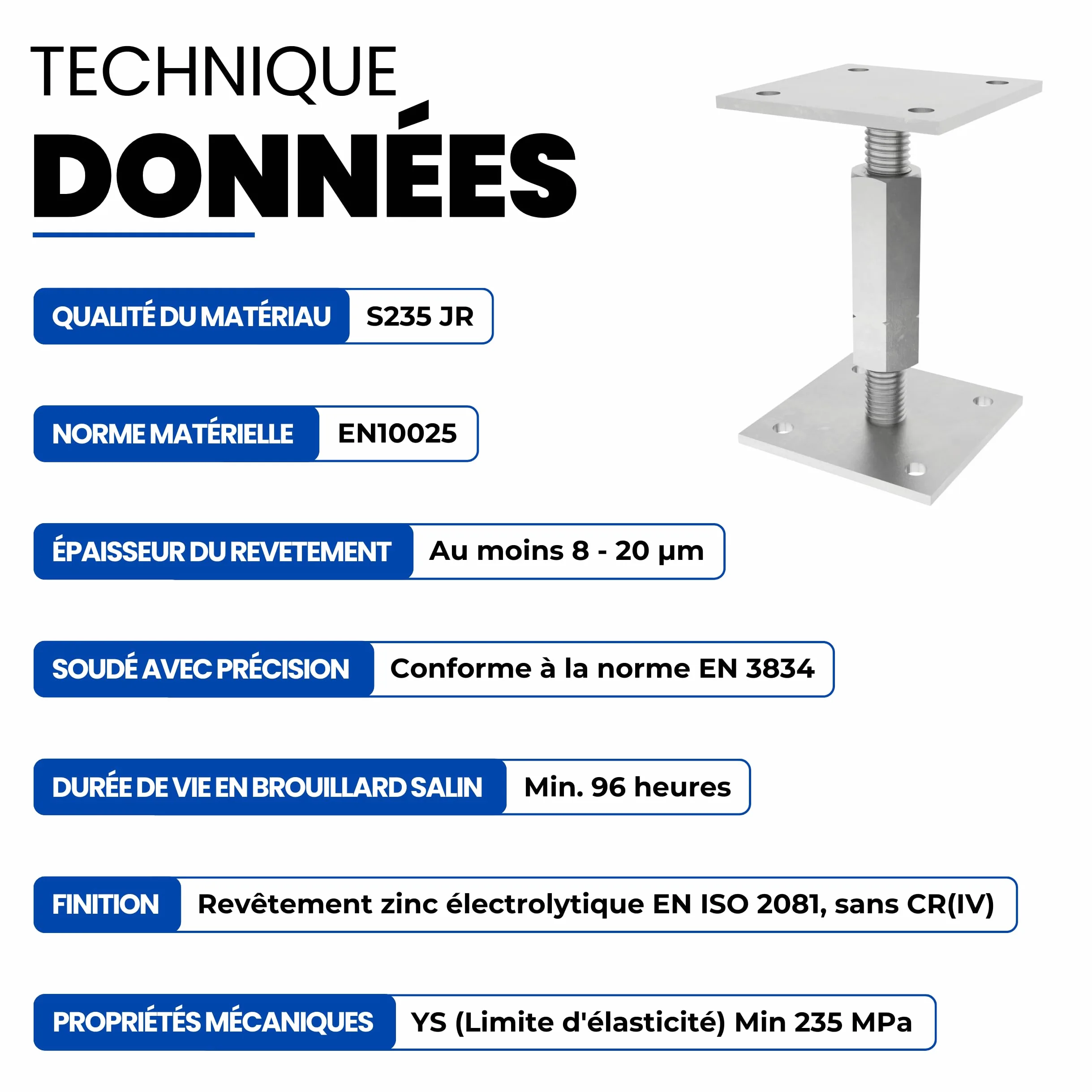 GeZu Impex Support de poteau Galvanoplastie Lot de 8 100 x 100 mm hauteur reglable platine bois pied poteaux clôture