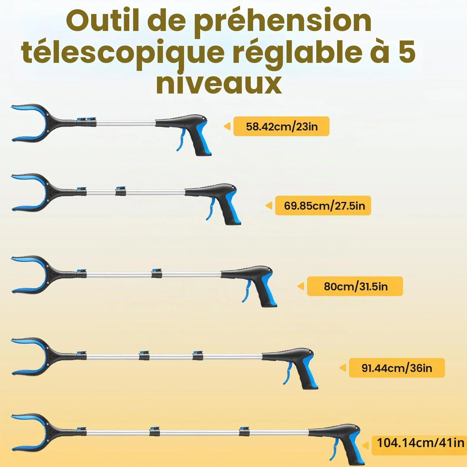 Pince Ramasse-Objet Télescopique 5 Niveaux (58-104 cm) - Ramasse Feuilles Mortes, Déchets, avec Aimant - Canne Grappin Longue Jardin, Personnes Âgées, Sans Se Baisser (Blue)