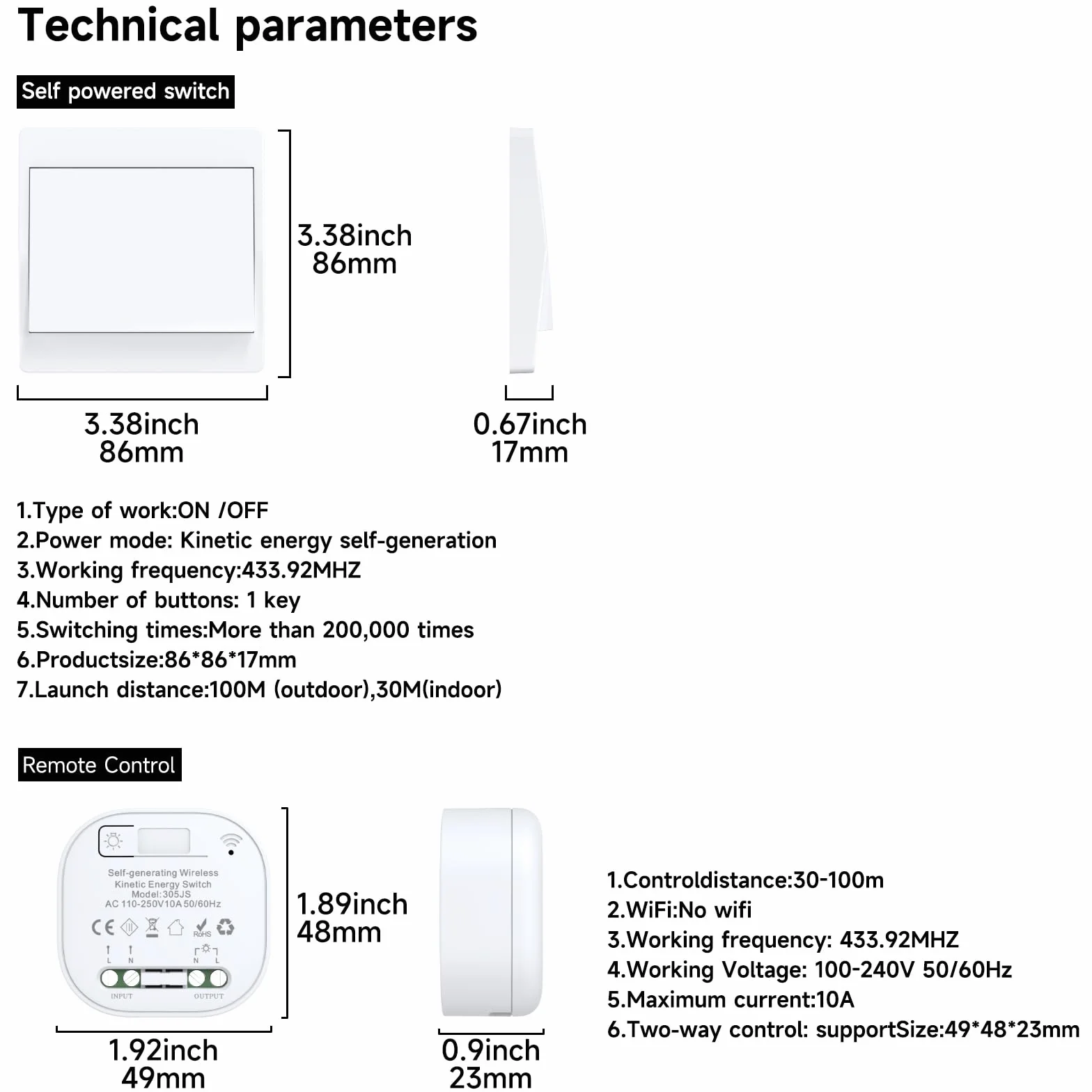 EU interrupteur sans fil autoalimenté va et vient sans pile radio interrupteur à distance éclairage domestique wireless switch 1Gang 2V1