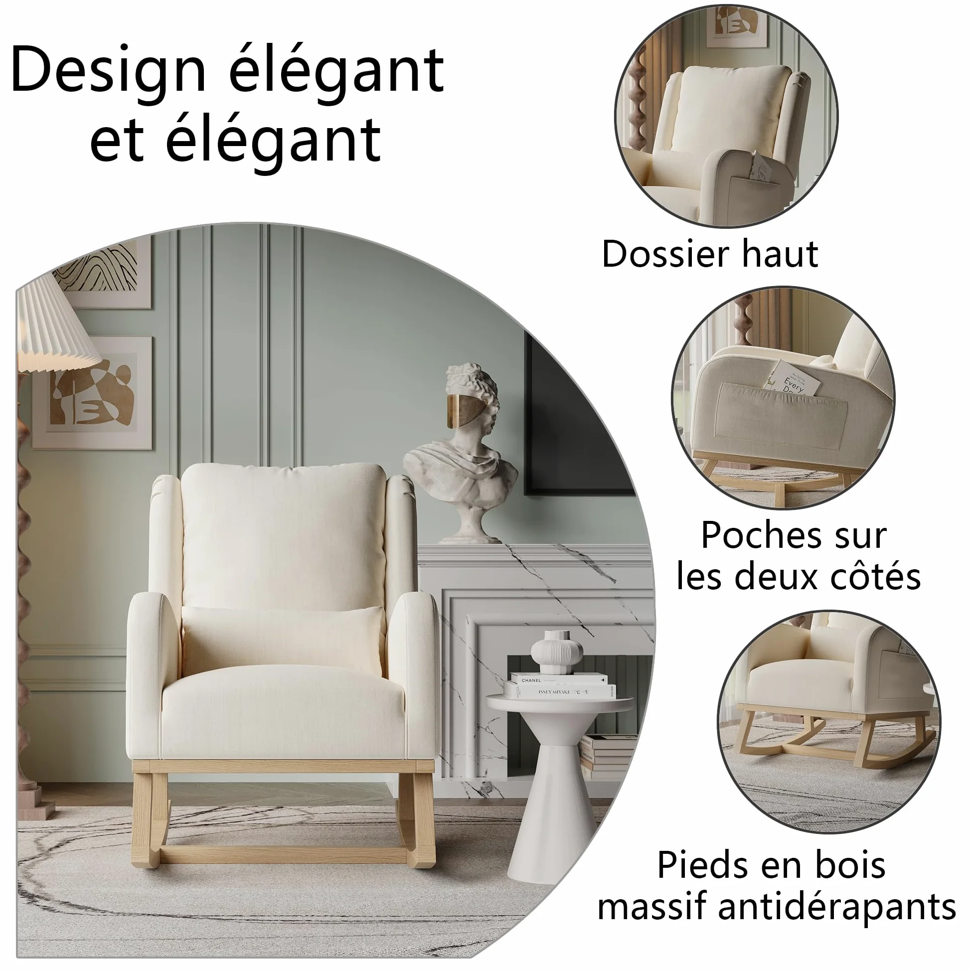 Fauteuil à Bascule,Chaise à Bascule Bois Rocking Chair Exterieur avec Dossier Fauteuil Allaitement pour Chambre à Coucher Salon Balcon (Lin, Beige)