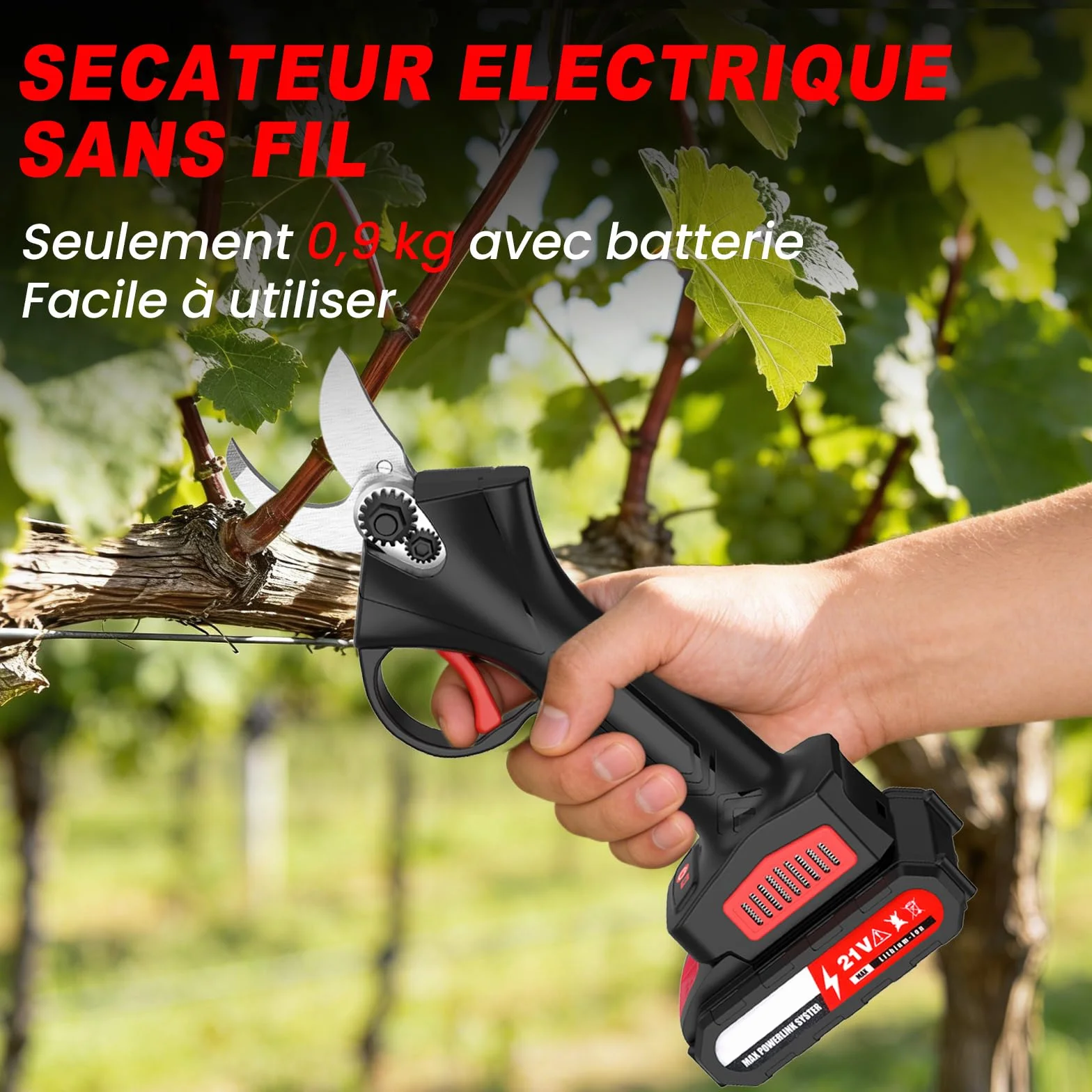 Secateur Electrique sans Fil,30mm Sécateur électrique,21V,2 * 2.0Ah Batteries,Moteur sans Balais,1*Lame de Rechange,0,9 kg Corps Léger, Idéal pour Tailler les Branches dans Jardins, Vergers et Fermes