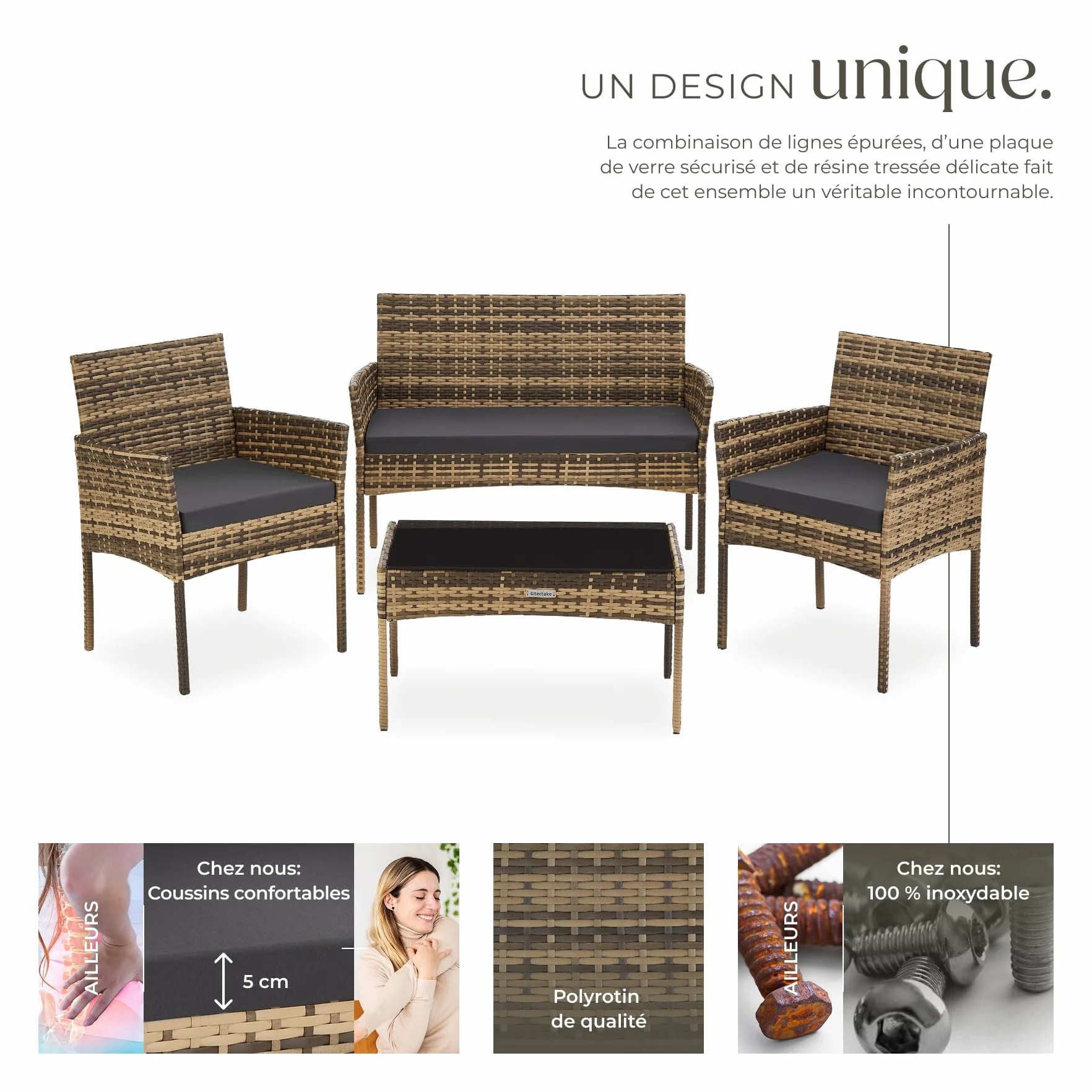 Tectake Ensemble Salon de Jardin en Résine tressée Canapé 2 Places 2 Fauteuils et 1 Table de Jardin Coussins Inclus
