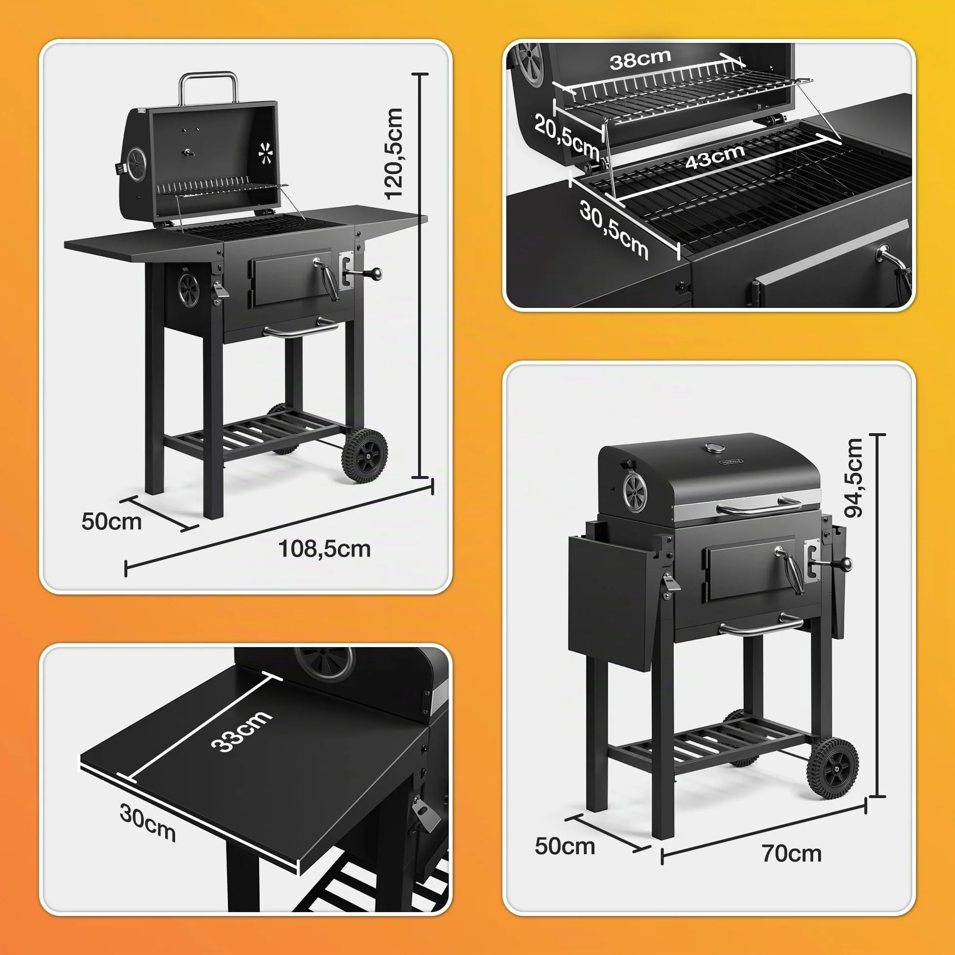 VonHaus Barbecue au Charbon – Barbecue avec Grille Chauffante, Hauteur Réglable, Thermomètre – Portable, Bac à Cendres, Étagère, 2 Tables Latérales Pliables, Roues – Viande, Poisson & Légumes
