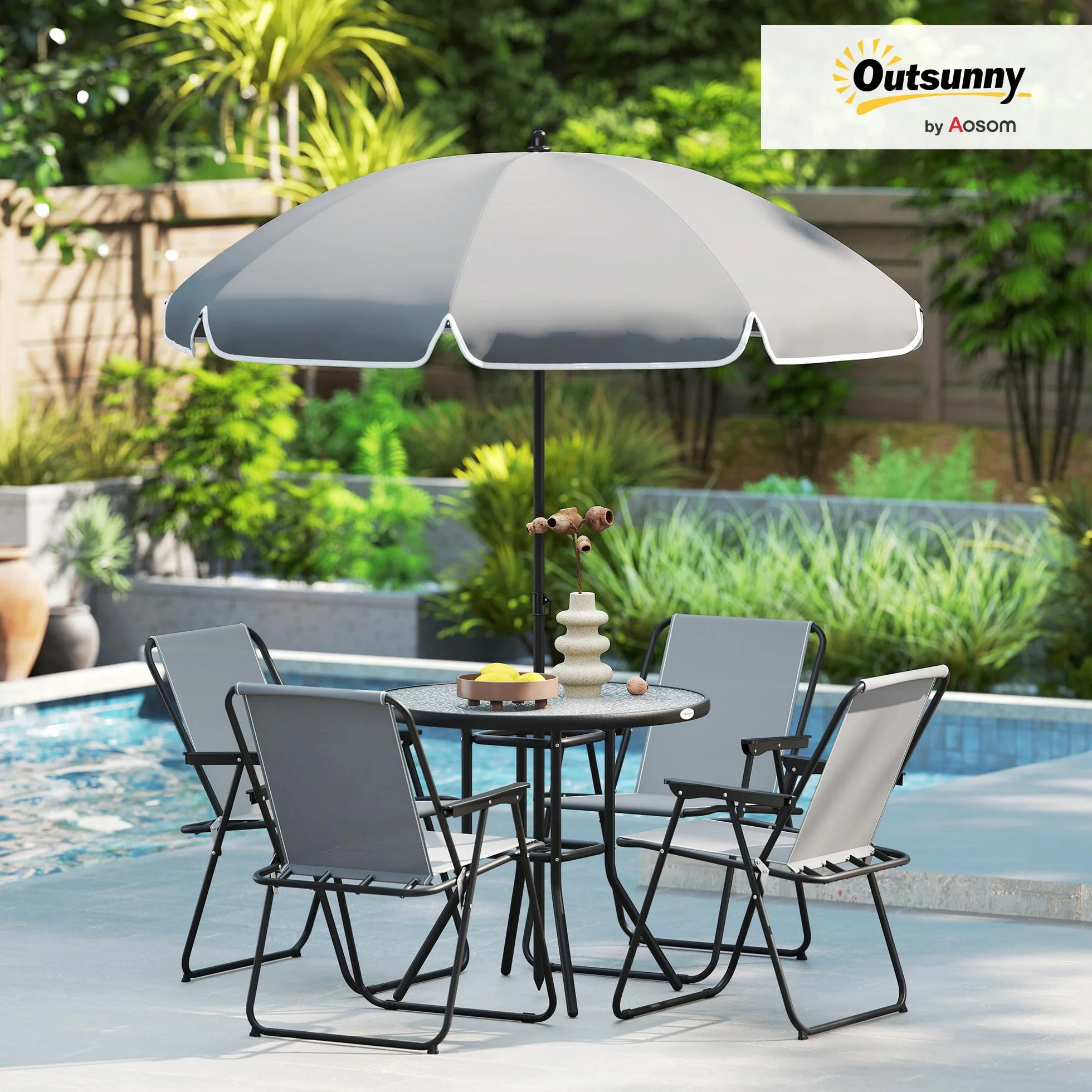 Outsunny Ensemble de Jardin de 6 Pièces avec Table et 4 Chaises Pliables en Textilene - Mobilier de Jardin Extérieur avec Table en Verre et Parasol pour Terrasse et Patio - Gris