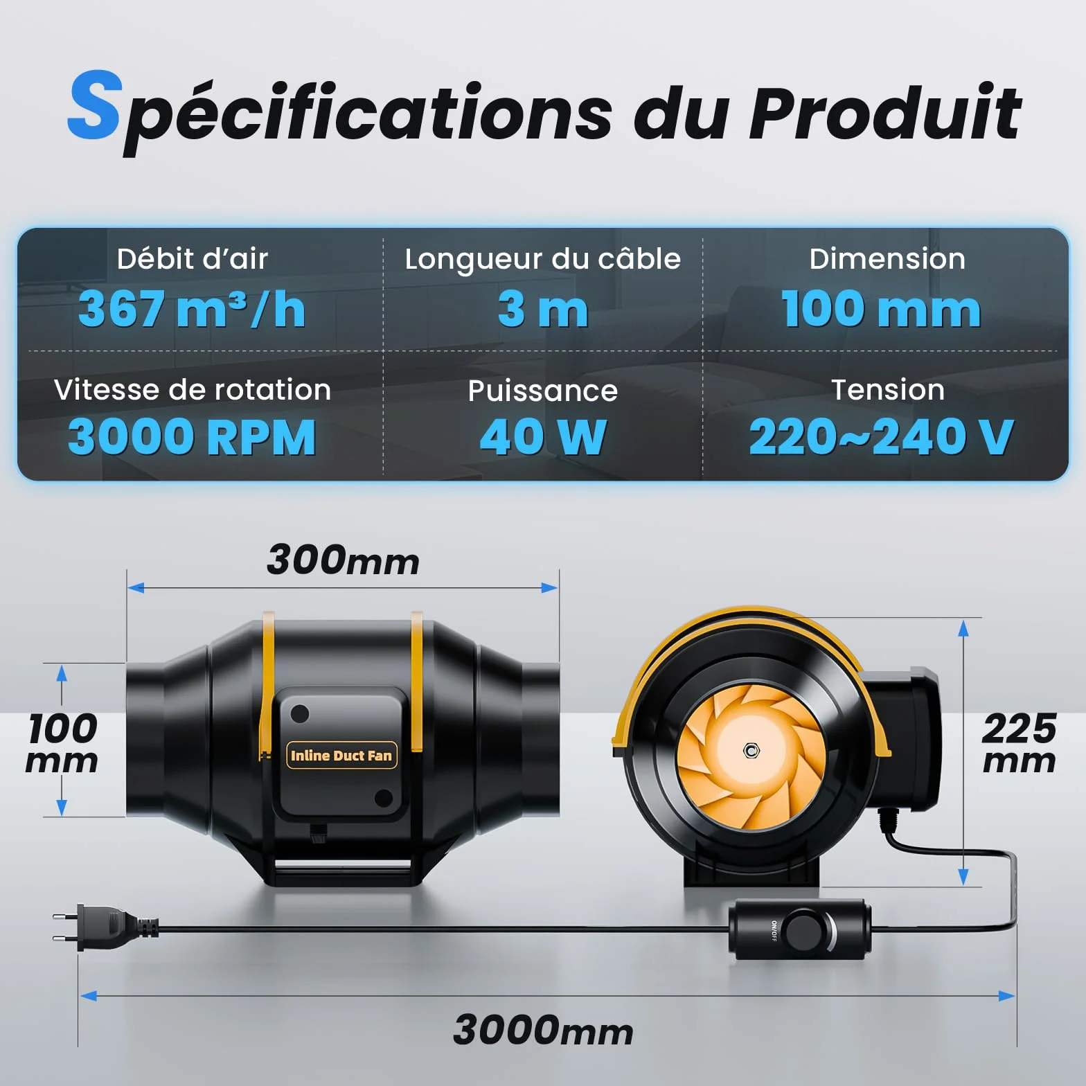 Ventilateur d'Extraction 100mm 367m³/h Silencieux avec Contrôleur de Vitesse