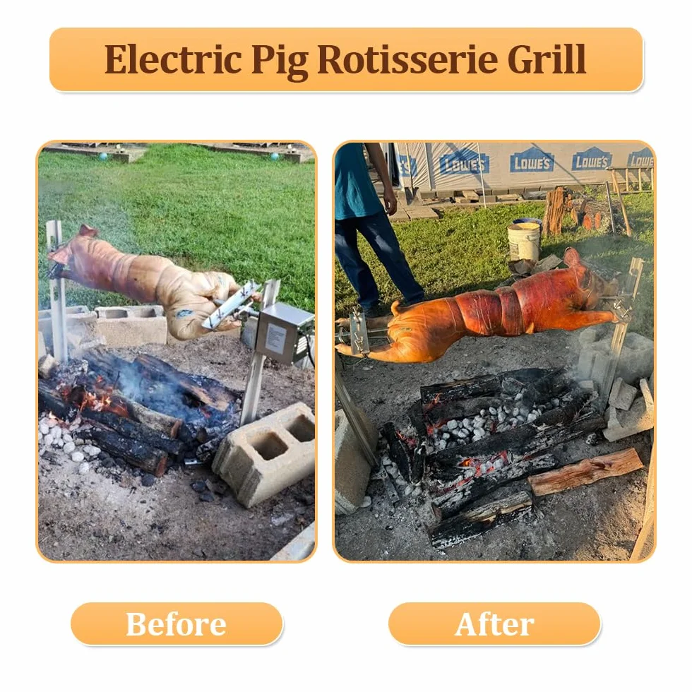 Rotisserie et Gril de Barbecue pour cochons de Lait,Tourner jusqu'à 100 kg de Porc,Set de brochettes électriques Acier Inoxydable pour feu de Camp, Camping pour cochons de Lait et agneaux