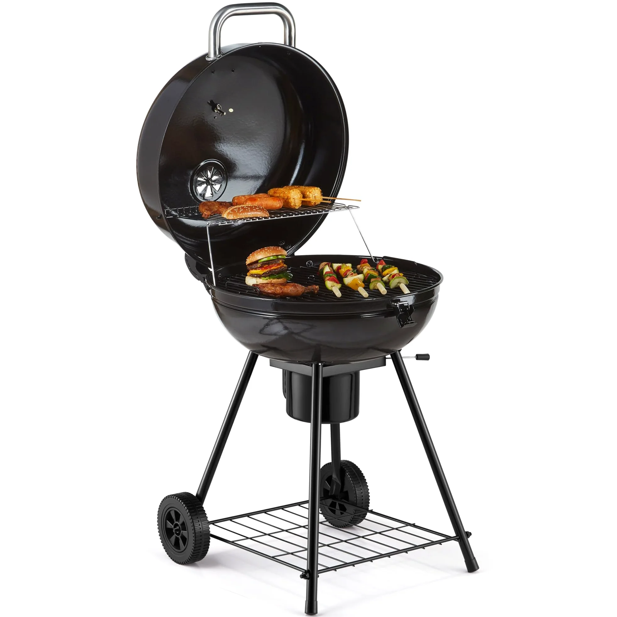 VonHaus Barbecue au Charbon 22.5" – Barbecue Portable avec Grille de Maintien au Chaud, Thermomètre, Étagère, Roues, Couvercle Verrouillable, Bac à Cendres et Grande Grille pour Viande et Légumes